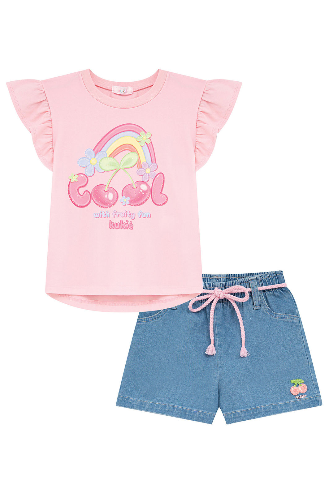 Conjunto de blusa em meia malha e shorts em jeans com elastano 95093 Kukiê Infantil Menina Conjunto de blusa em meia malha e shorts em jeans com elastano 95093 Kukiê Infantil Menina