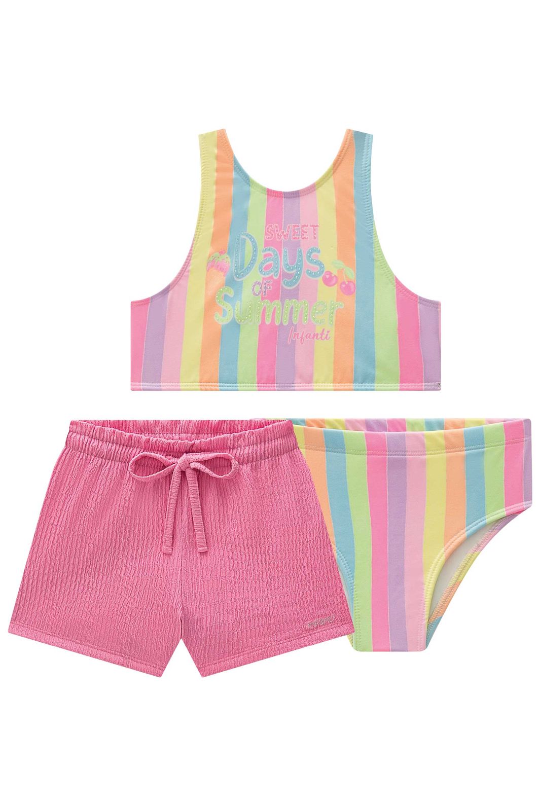 Trio de biquíni em malha UV dry com proteção UV 50+ com shorts em malha textura 96216 Infanti Infantil Menina