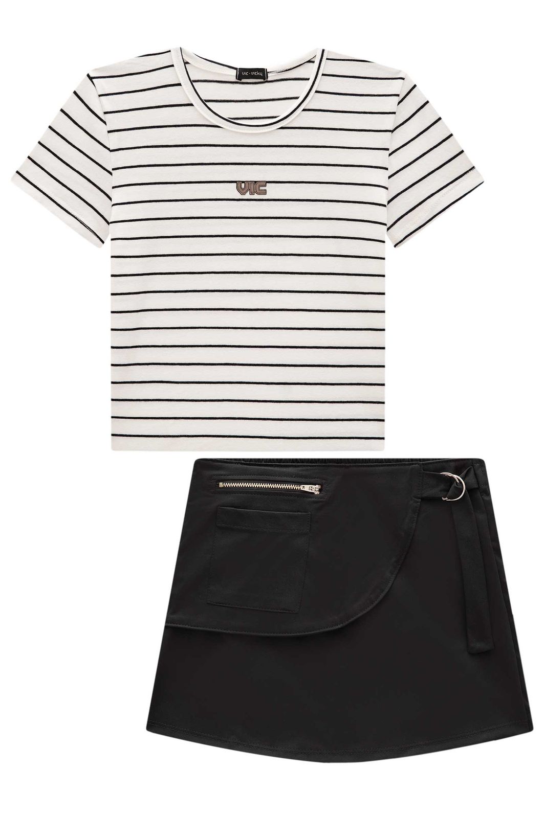 Conjunto de blusa em cotton fio tinto e short saia em alfaiataria tecno cargo 95963 Vic Teen Menina Conjunto de blusa em cotton fio tinto e short saia em alfaiataria tecno cargo 95963 Vic Teen Menina