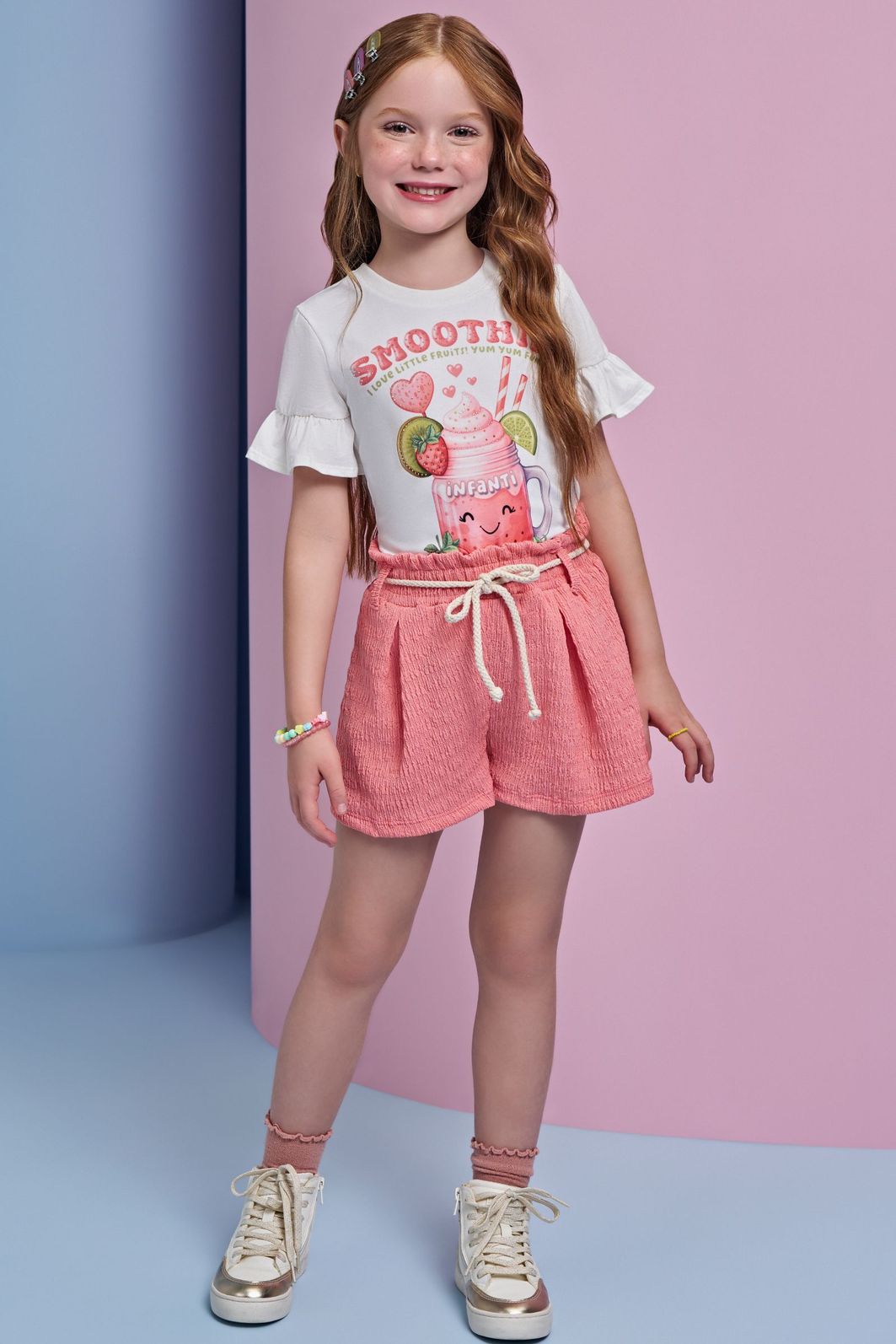 Conjunto de blusa em meia malha e shorts em malha enrugada 95551 Infanti Infantil Menina Conjunto de blusa em meia malha e shorts em malha enrugada 95551 Infanti Infantil Menina