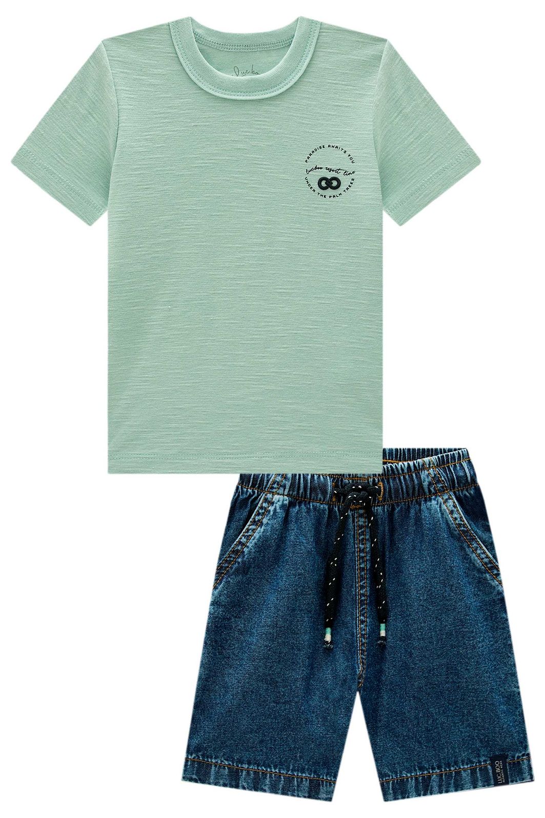 Conjunto de camiseta em meia malha flamê e bermuda em jeans teca 99063 LucBoo Infantil Menino Conjunto de camiseta em meia malha flamê e bermuda em jeans teca 99063 LucBoo Infantil Menino