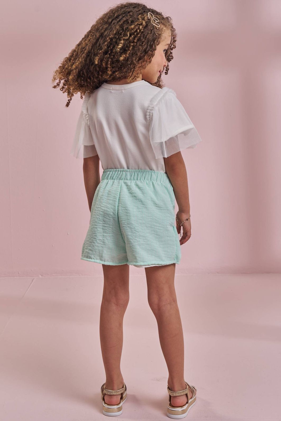 Conjunto de blusa em cotton e shorts saia em tricoline listrado 97131 Kukiê Infantil Menina
