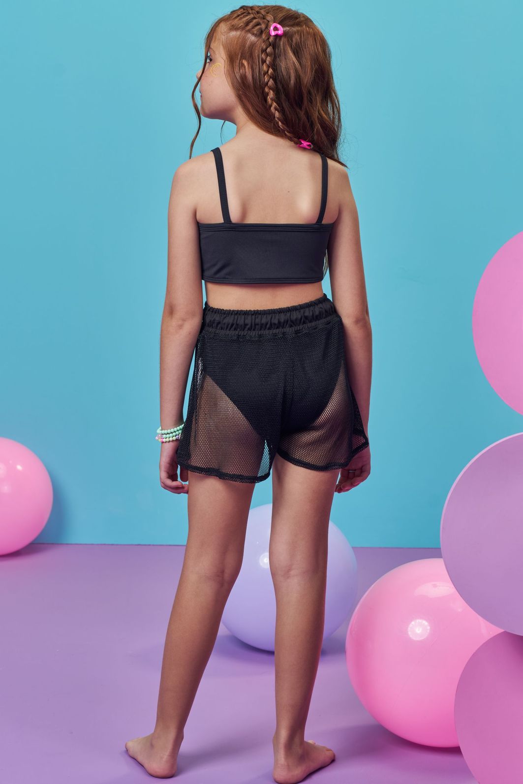 Trio de biquíni em malha com proteção UV50+ e short saída de praia em tela fashion 99127 Kukiê Infantil Menina Trio de biquíni em malha com proteção UV50+ e short saída de praia em tela fashion 99127 Kukiê Infantil Menina