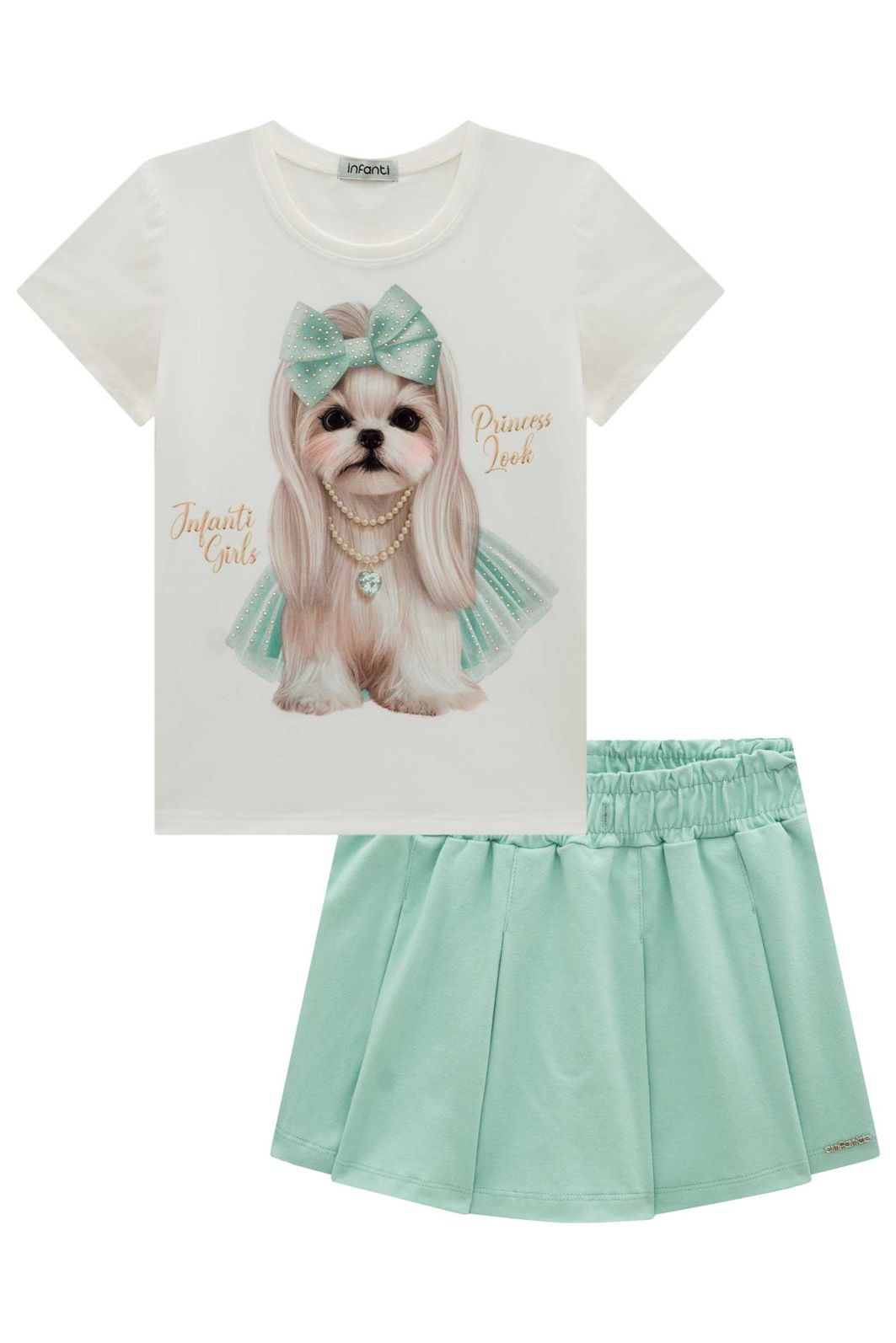 Conjunto de blusa em meia malha e short saia em piquet 99126 Infanti Infantil Menina