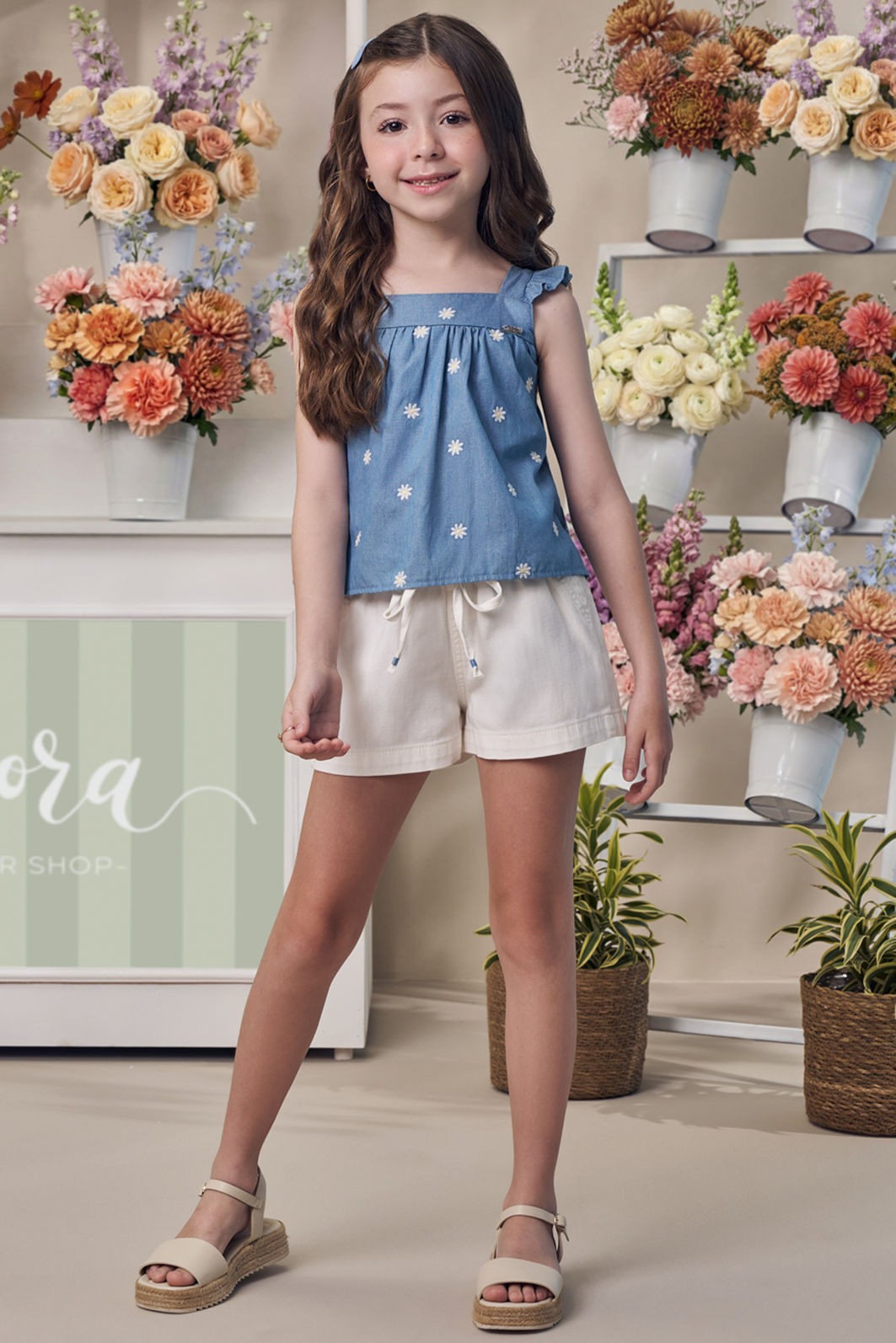 Conjunto de bata em denim bordado e shorts em sarja com elastano 98120 Infanti Infantil Menina