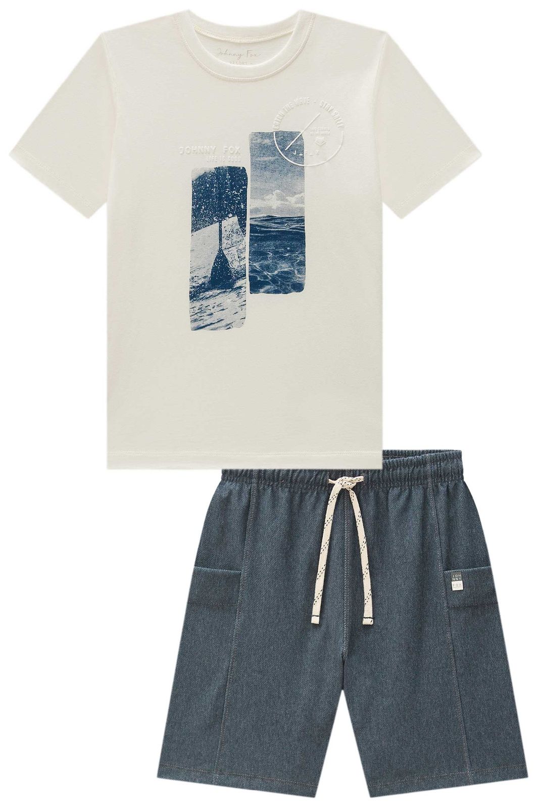 Conjunto de camiseta em meia malha e bermuda en cotton jeans com elastano 98693 Johnny Fox Teen Menino Conjunto de camiseta em meia malha e bermuda en cotton jeans com elastano 98693 Johnny Fox Teen Menino
