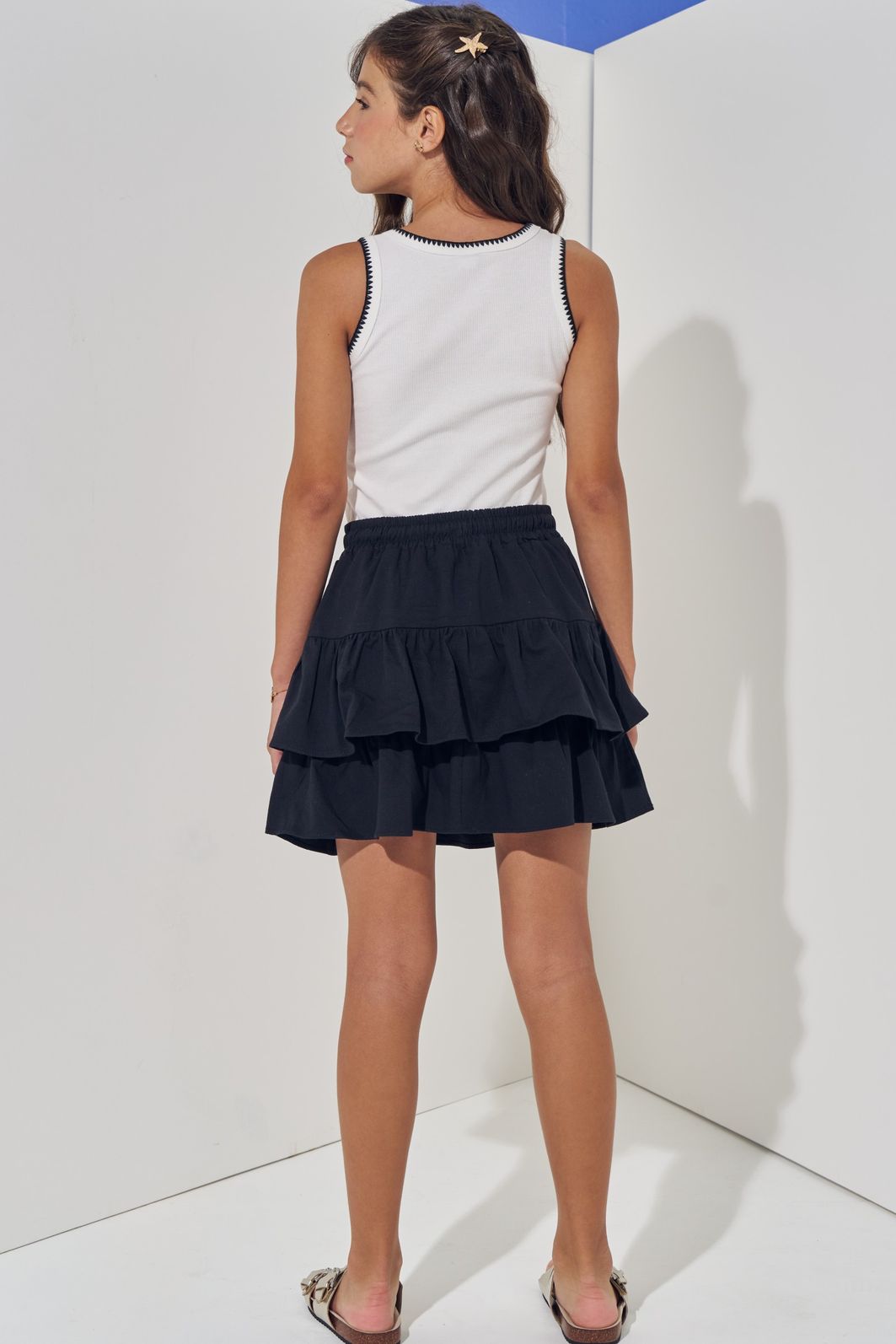 Saia ruffles em linho com elastano com shorts embutido 98200 Vic Teen Menina