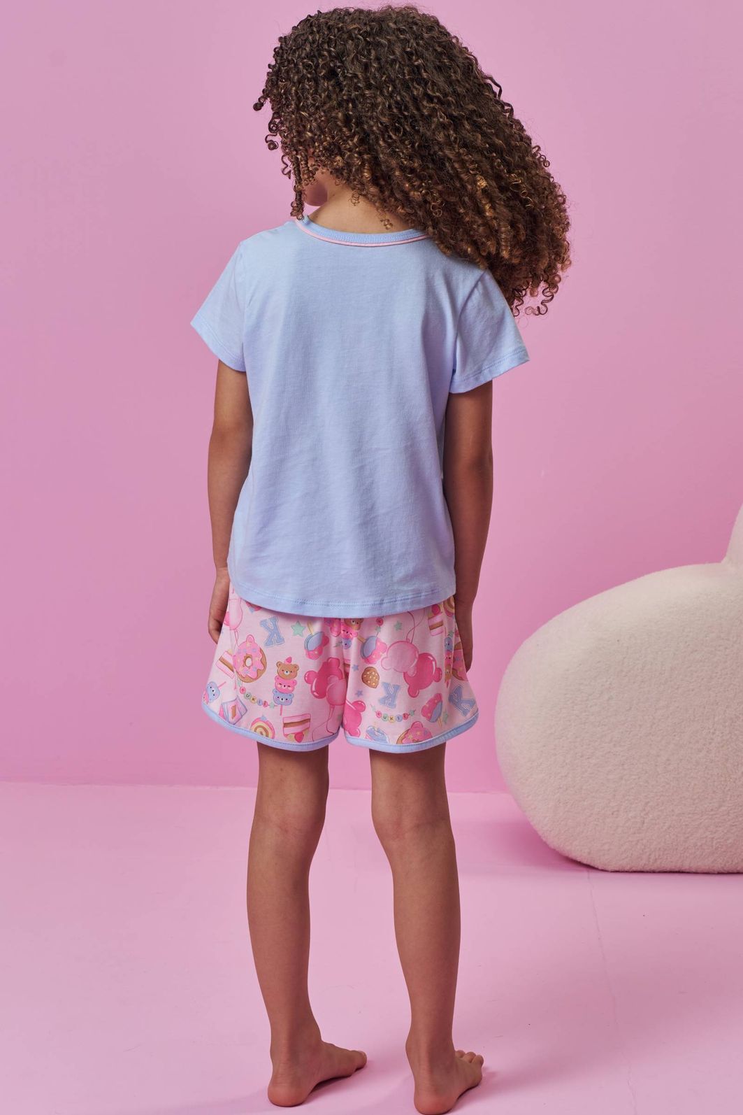Conjunto de pijama de blusa em meia malha e shorts em malha fresh (acompanha máscara) 94316 Kukiê Infantil Menina