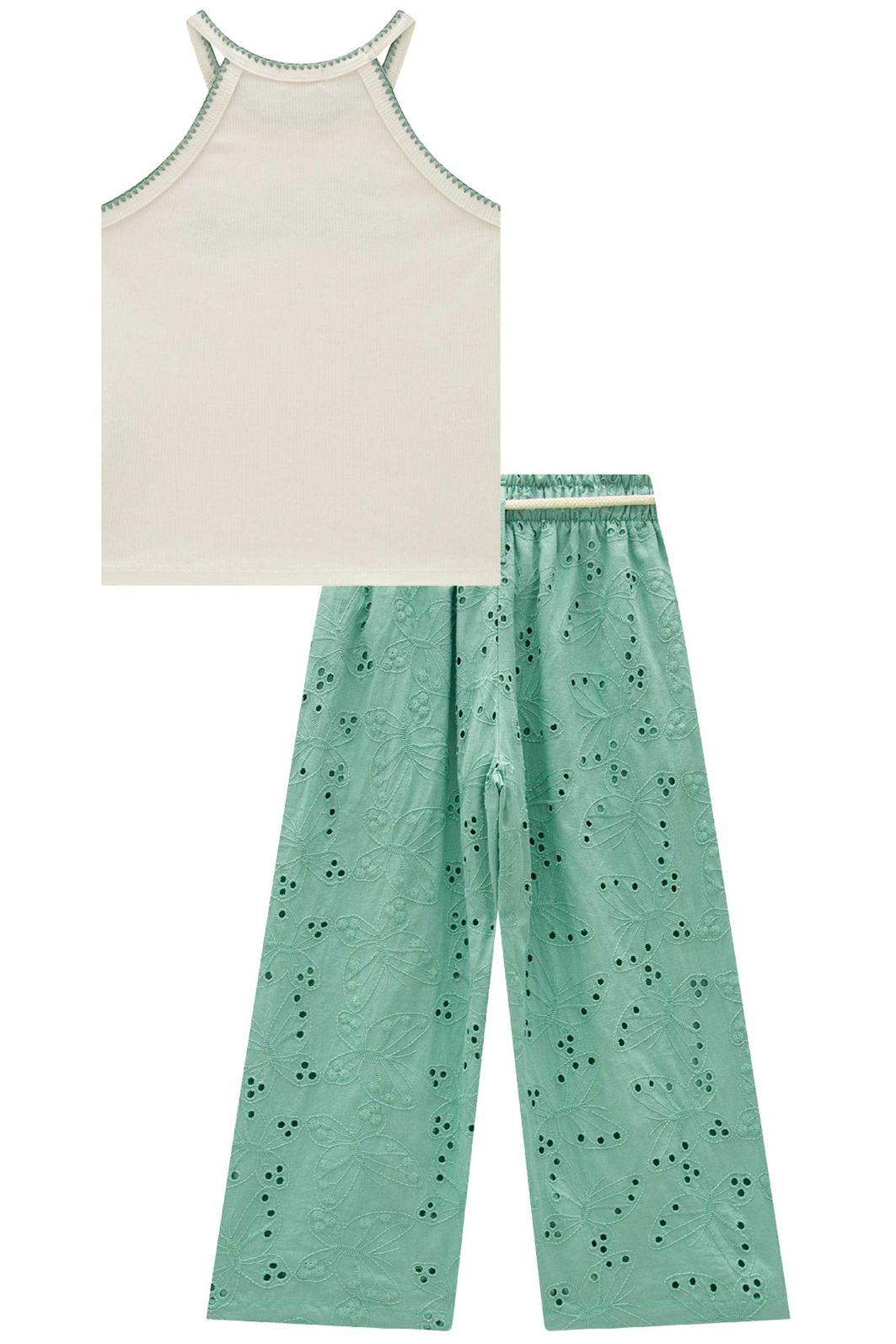 Conjunto de regata em canelado e calça cropped em tecido bordado. (Com short embutido) 98937 Kukiê Infantil Menina Conjunto de regata em canelado e calça cropped em tecido bordado. (Com short embutido) 98937 Kukiê Infantil Menina