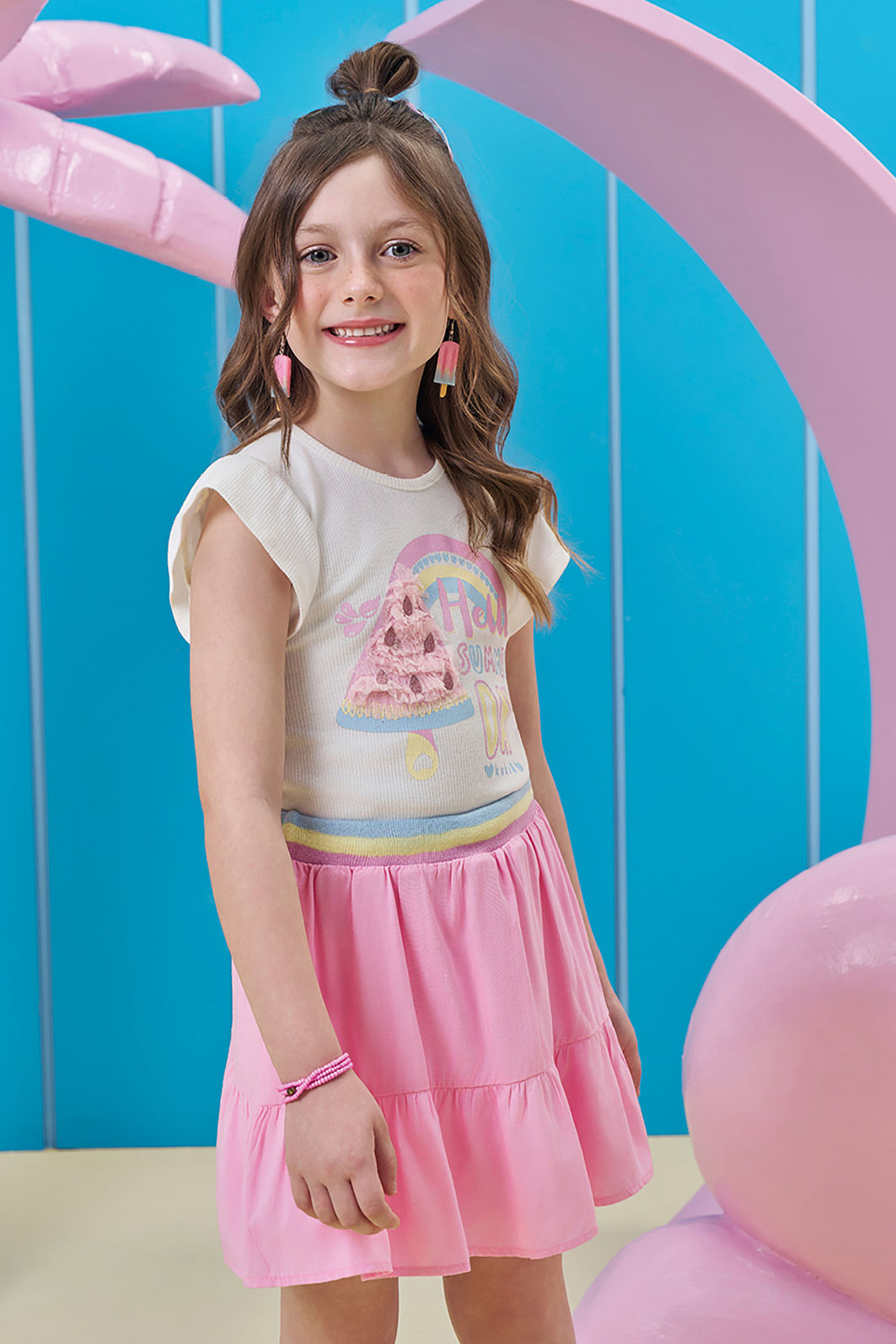 Conjunto de blusa em canelado e saia em viscose (com shorts embutido) 96383 Kukiê Infantil Menina
