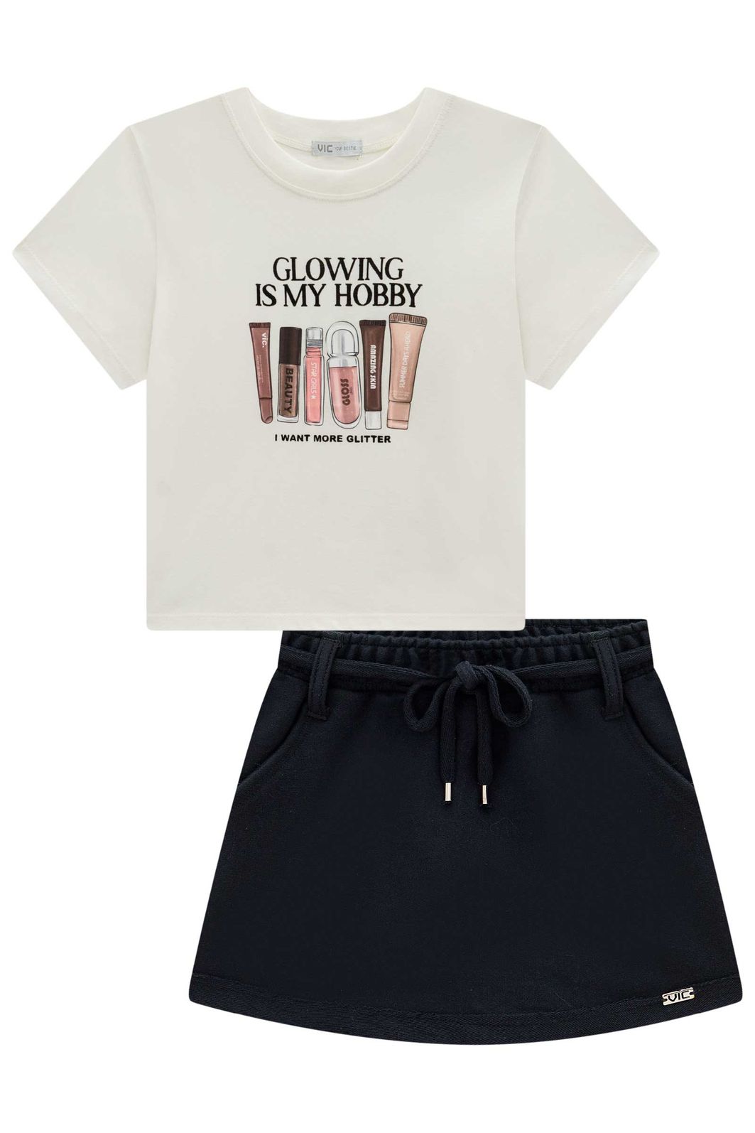 Conjunto de blusa em meia malha e short saia em moletom sem pelúcia 99102 Vic Teen Menina