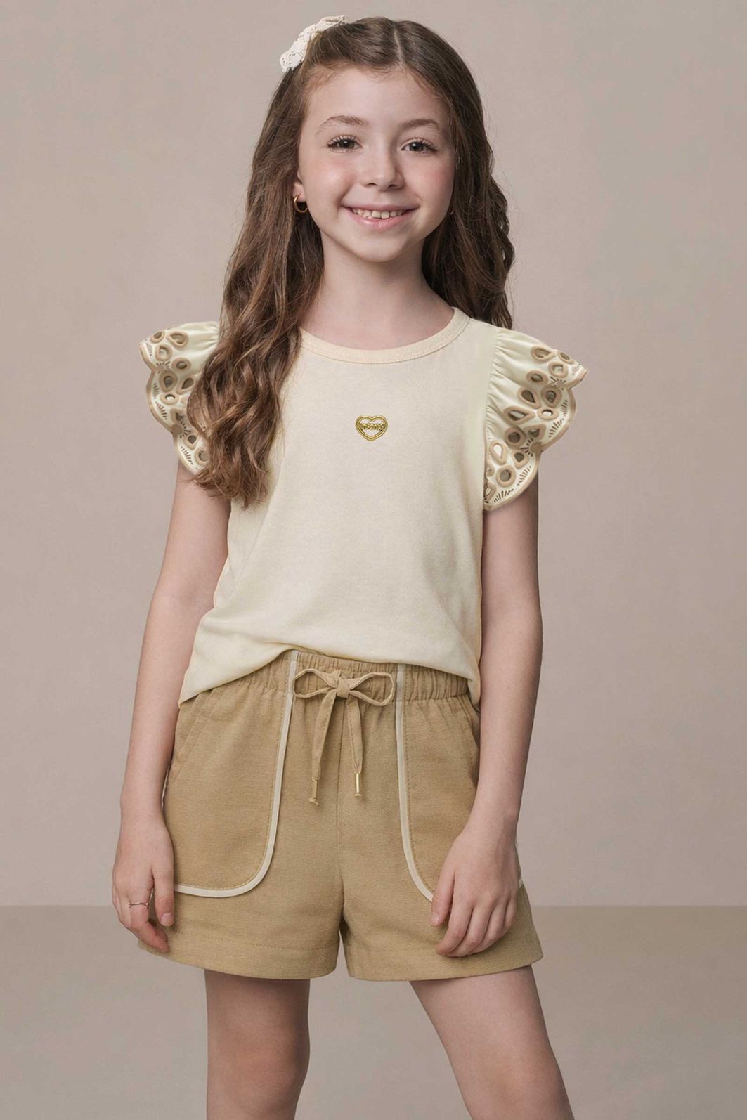 Conjunto de blusa em cotton e shorts em linho santorine com elastano 21727 Infanti Infantil Menina Conjunto de blusa em cotton e shorts em linho santorine com elastano 21727 Infanti Infantil Menina
