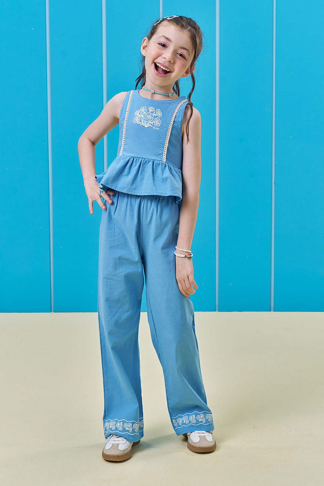 Conjunto de bata e calça wide leg em linho santorine 95879 Kukiê Infantil Menina Conjunto de bata e calça wide leg em linho santorine 95879 Kukiê Infantil Menina