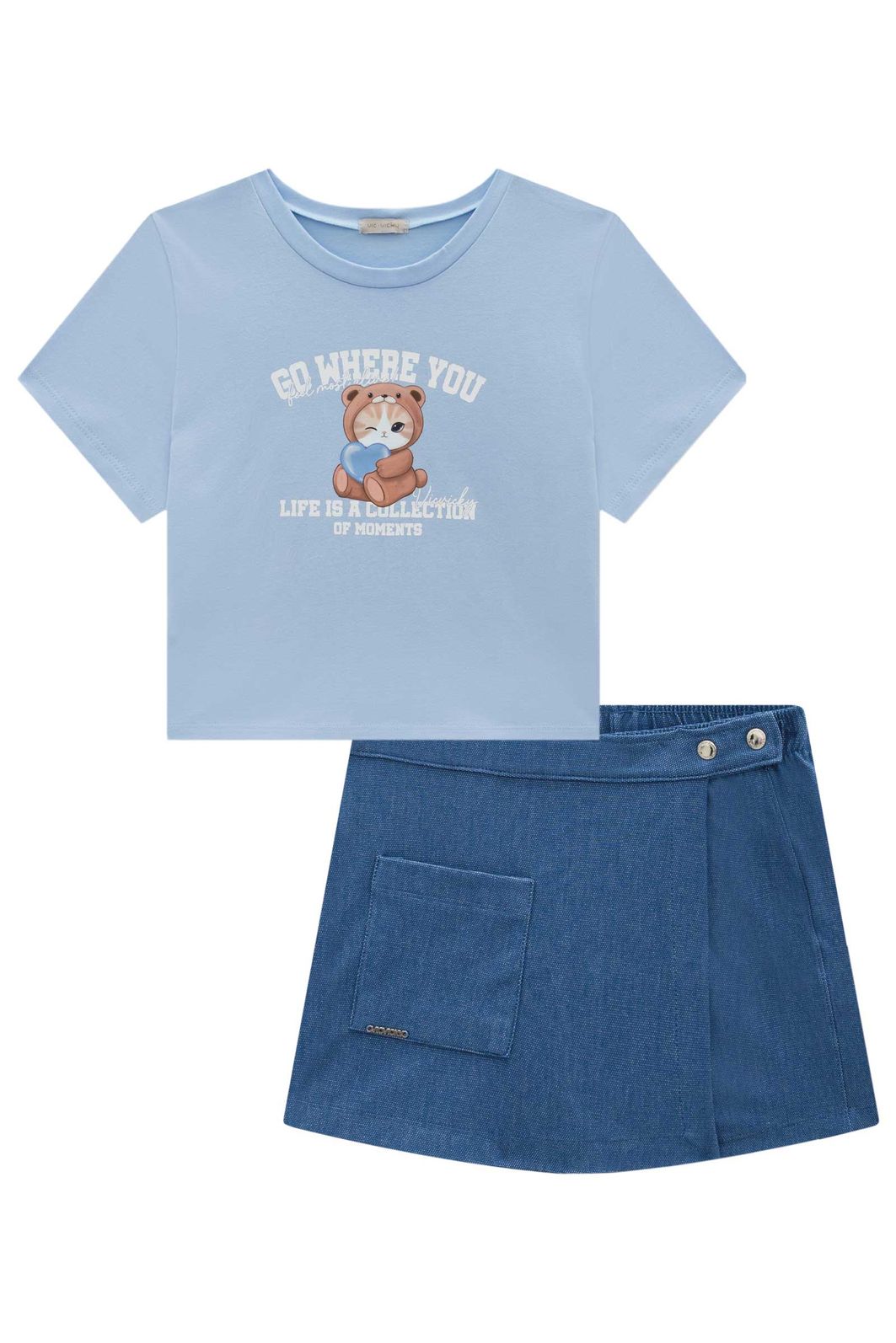 Conjunto de blusa em cotton e short saia em malha denim 96864 Vic Teen Menina Conjunto de blusa em cotton e short saia em malha denim 96864 Vic Teen Menina