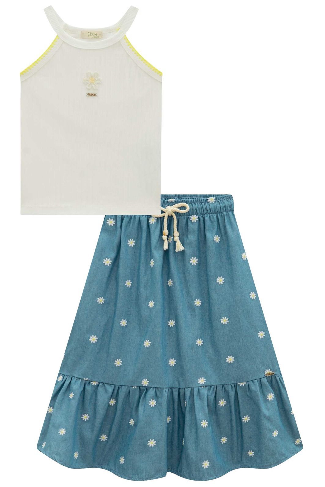 Conjunto de regata em canelado liz com saia midi em denim bordado 96208 Infanti Infantil Menina