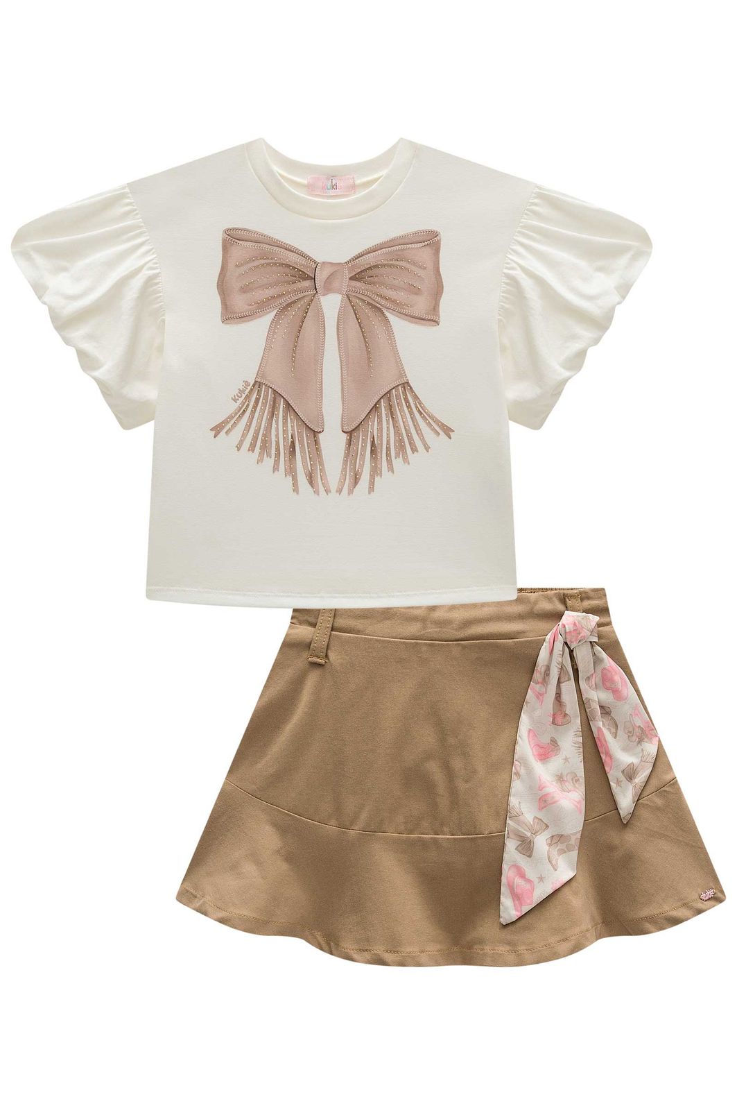 Conjunto de blusa em meia malha e saia em sarja com elastano (com shorts embutido) 99014 Kukiê Infantil Menina