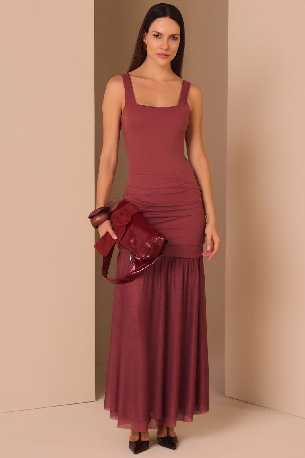 Saia maxi midi em malha delicaté e tule 99285 Linzzi Saia maxi midi em malha delicaté e tule 99285 Linzzi