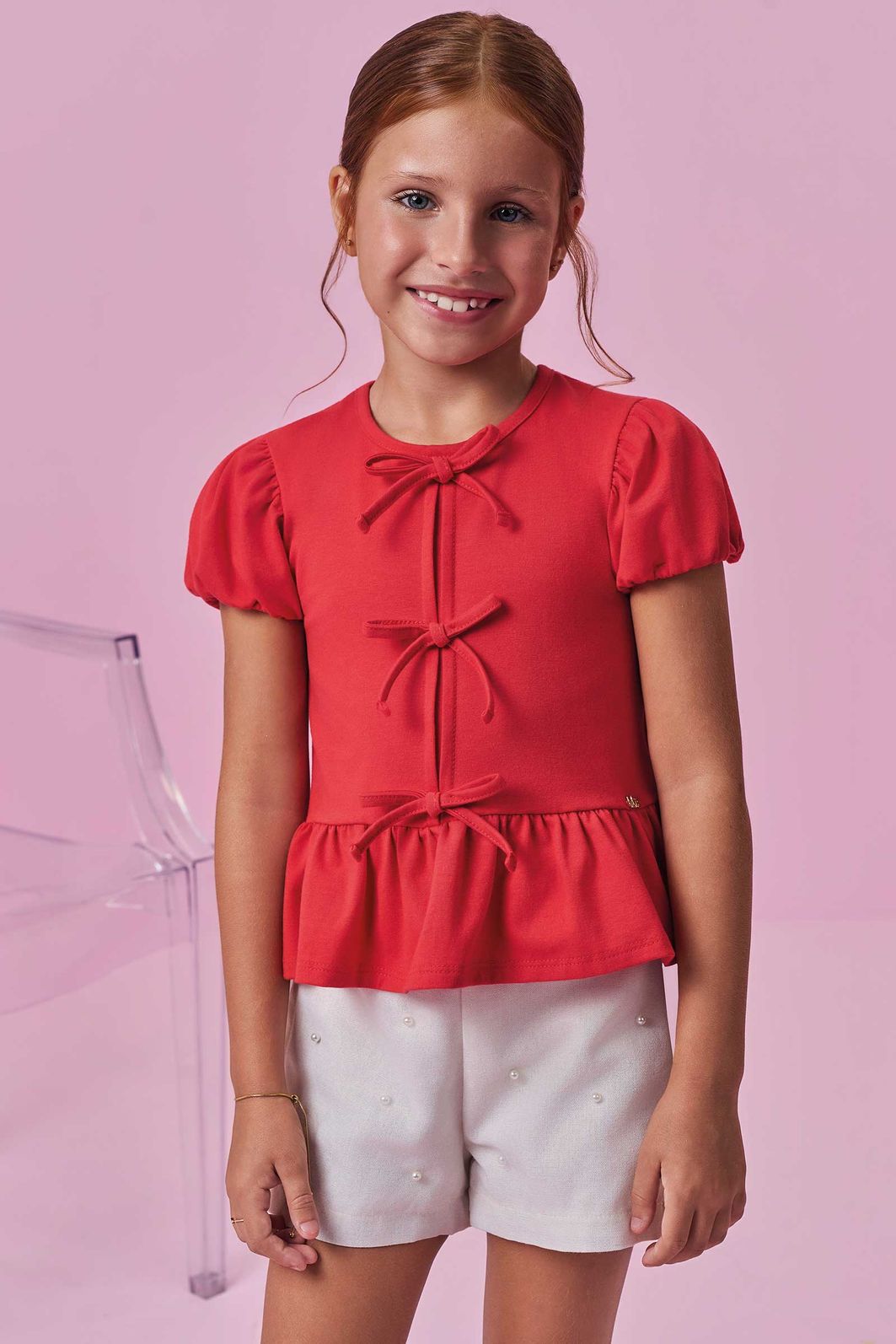 Conjunto de bata em cotton e shorts em linho gold 99201 Kukiê Infantil Menina