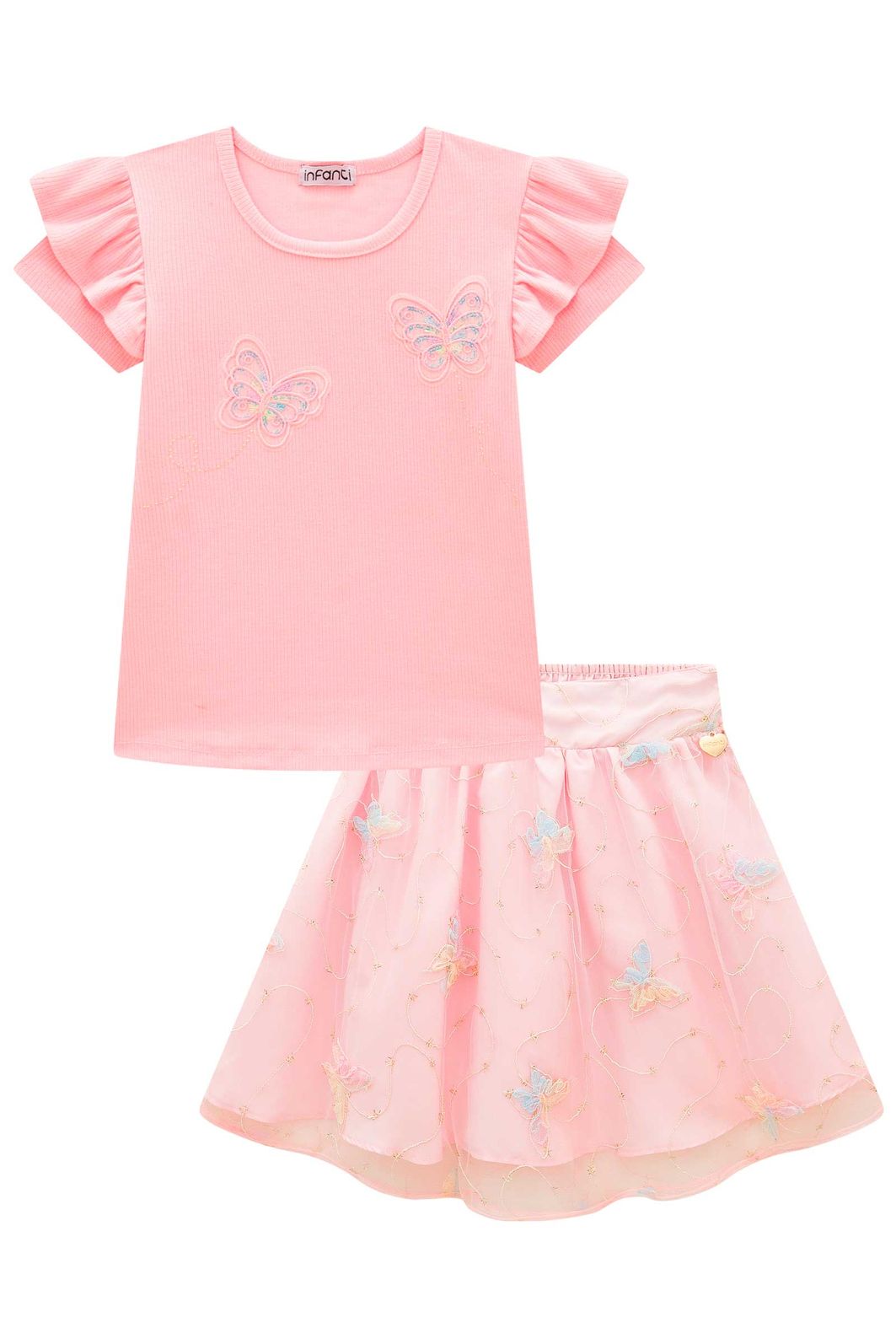 Conjunto de blusa em canelado liz e saia em tule bordado borboletas. Com short embutido 98897 Infanti Infantil Menina