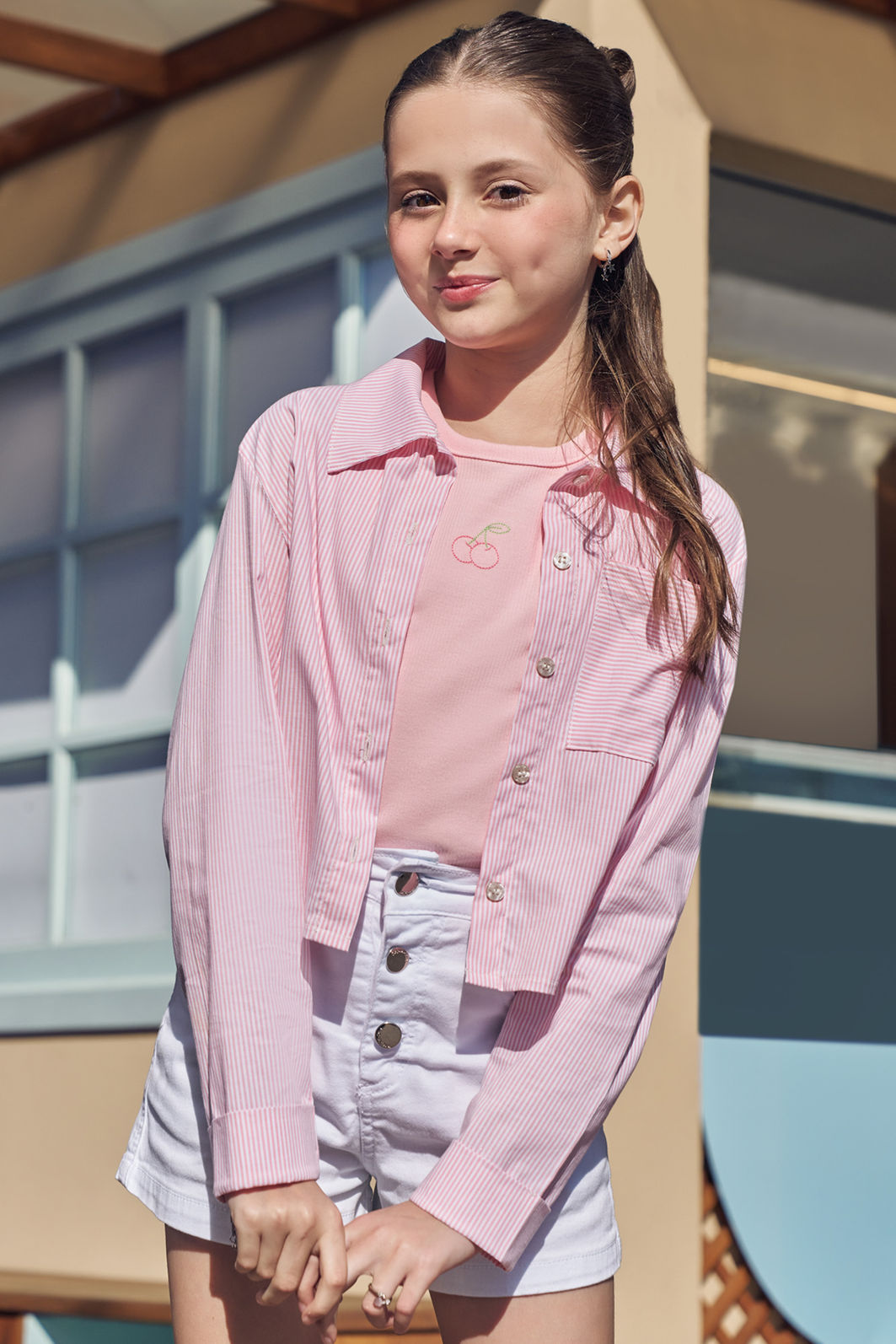 Camisa em tricoline fio tinto com elastano 94580 Vic Teen Menina Camisa em tricoline fio tinto com elastano 94580 Vic Teen Menina