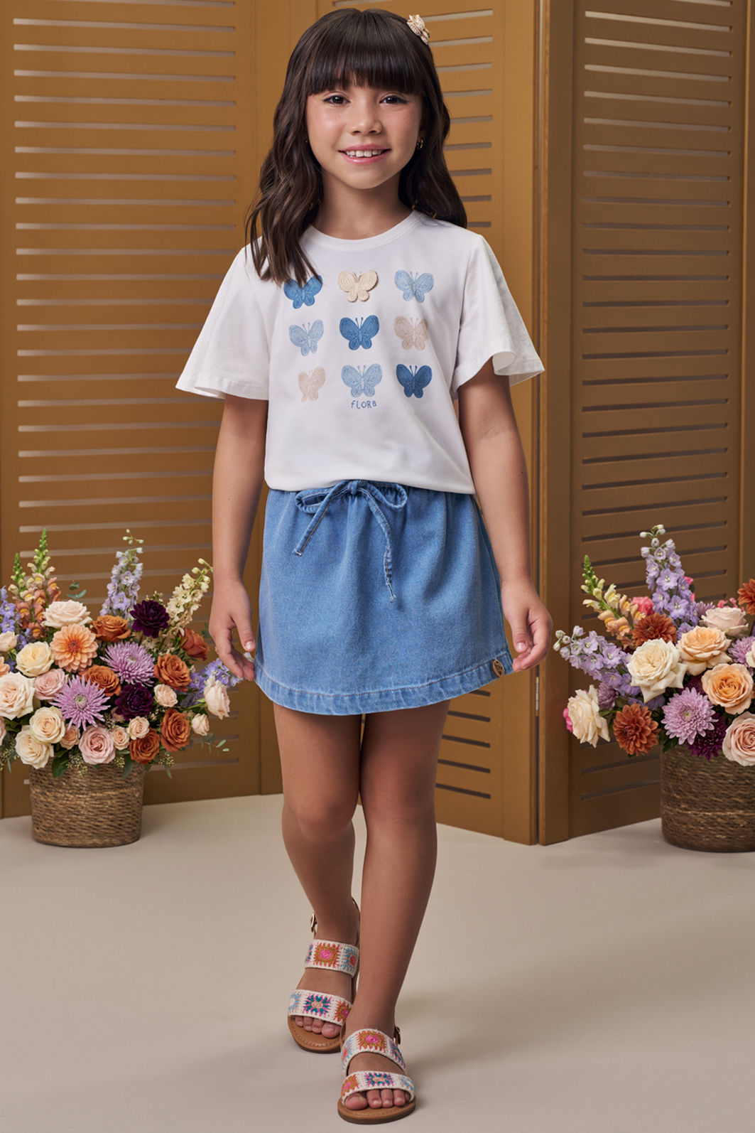 Conjunto de blusa em meia malha com short saia em jeans 99156 Infanti Infantil Menina