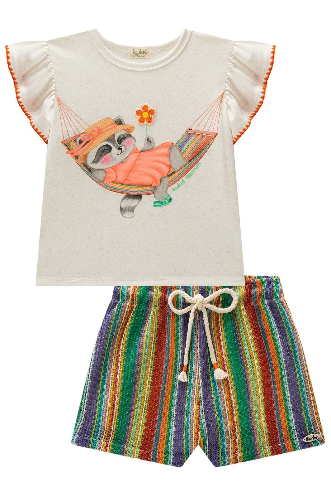 Conjunto de blusa em malha fresh e shorts em tecido tricô 98012 Kukiê Infantil Menina