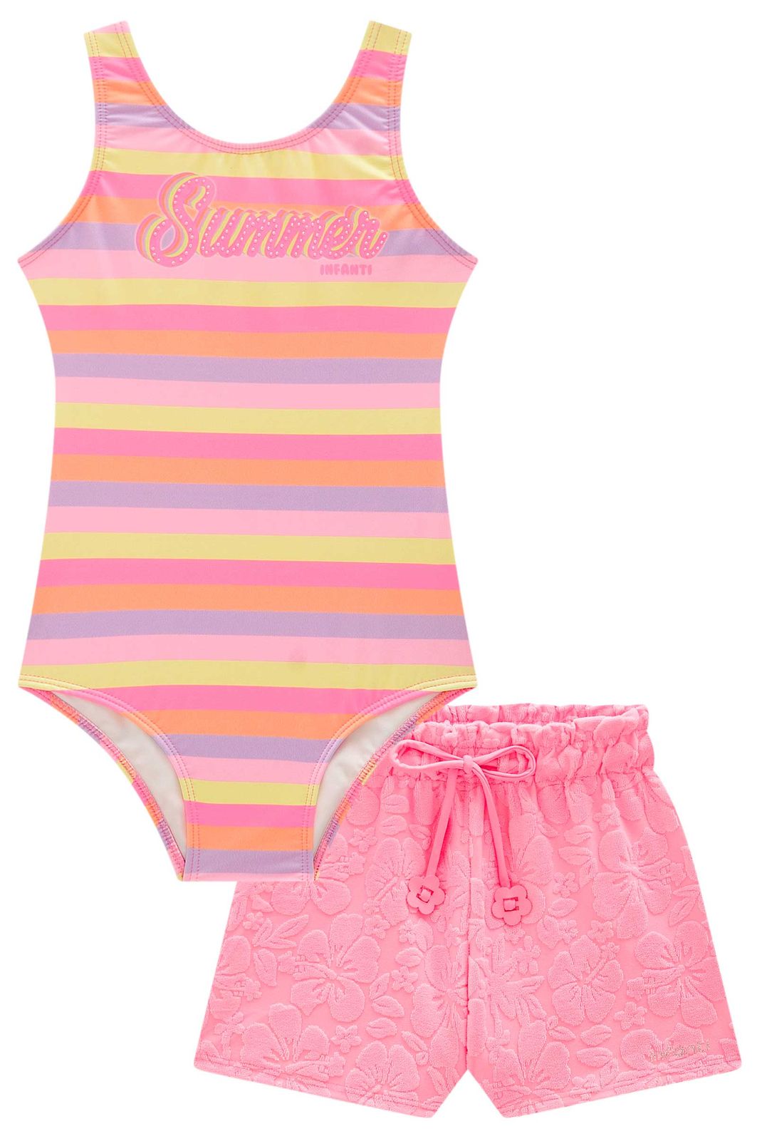 Conjunto de maiô em malha UV dry com proteção UV 50+ com shorts em malha atoalhada 96220 Infanti Infantil Menina Conjunto de maiô em malha UV dry com proteção UV 50+ com shorts em malha atoalhada 96220 Infanti Infantil Menina