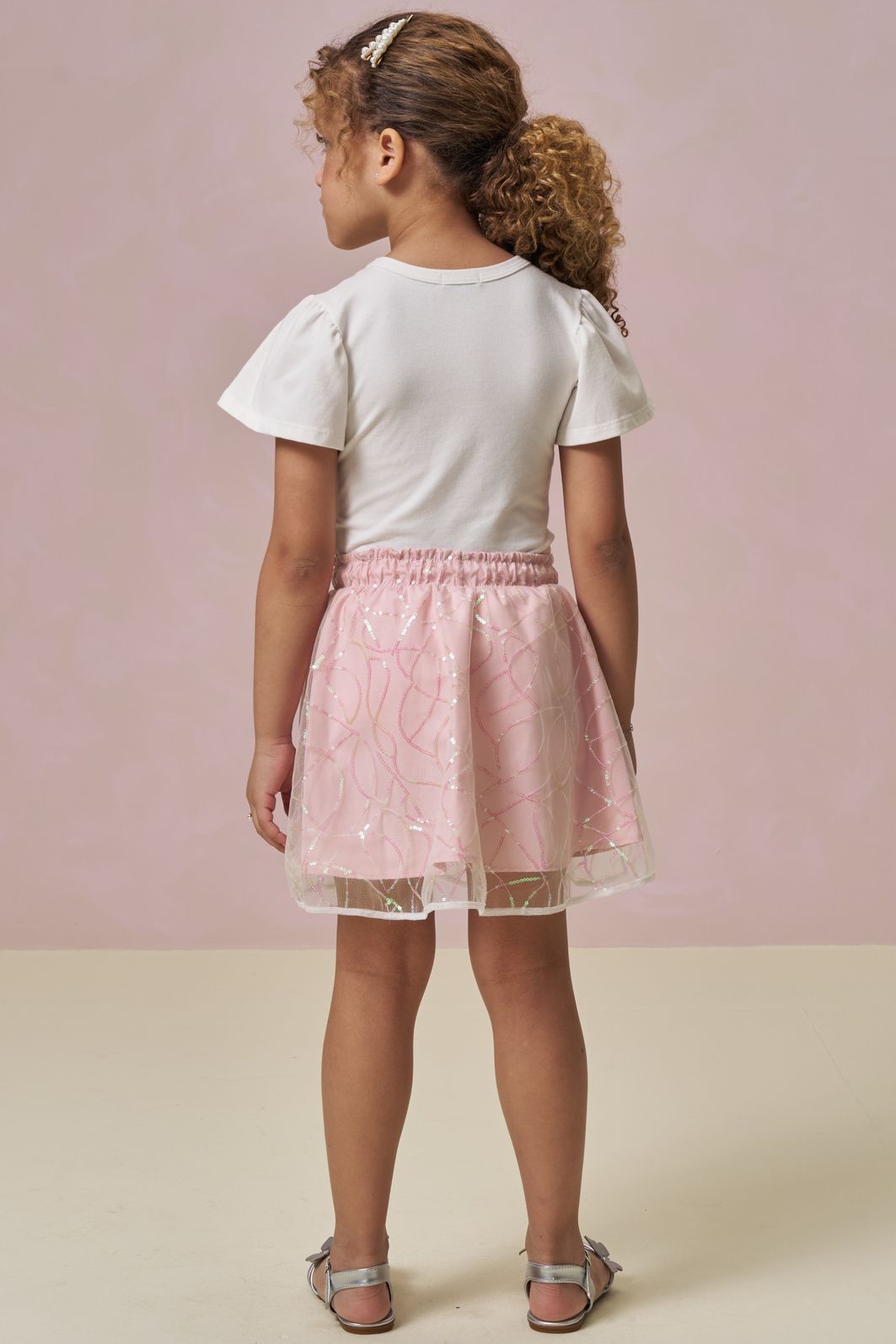 Conjunto de blusa em cotton e saia em tule paetê. Com shorts embutido 95863 Infanti Infantil Menina