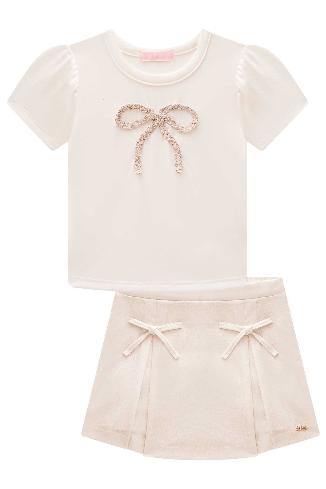Conjunto de blusa em cotton e short saia em linho gold 98691 Kukiê Infantil Menina