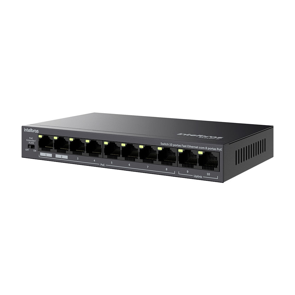 Switch 10 portas fast ethernet com 8 portas PoE+ - S1010F-P Switch 10 portas fast ethernet com 8 portas PoE+ - S1010F-P