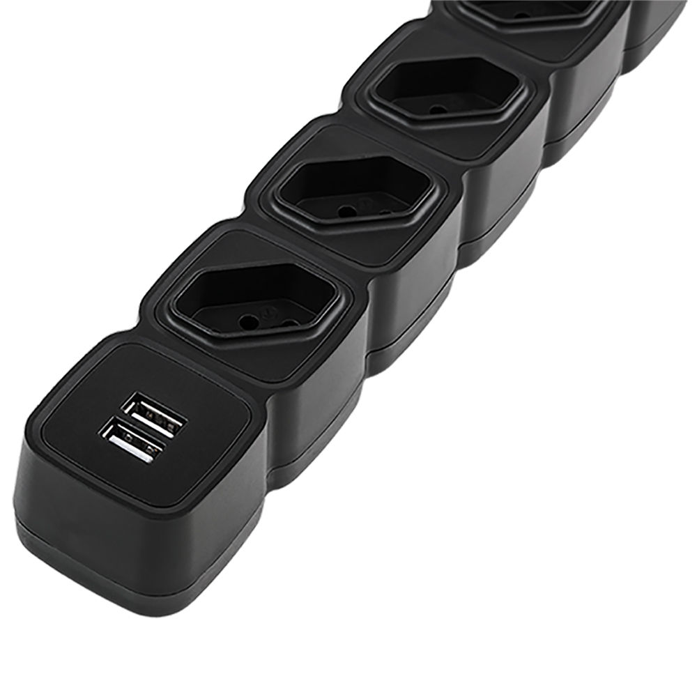 Protetor eletrônico com 4 tomadas e 2 portas USB - EPE 204 USB + Preto