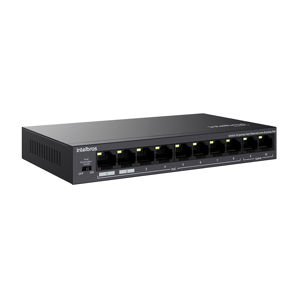 Switch 10 portas fast ethernet com 8 portas PoE+ - S1010F-P Switch 10 portas fast ethernet com 8 portas PoE+ - S1010F-P