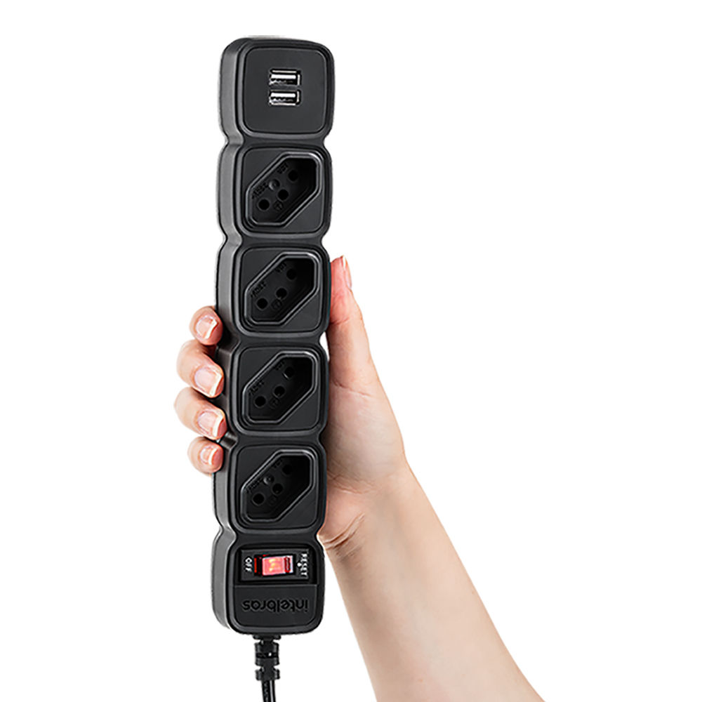 Protetor eletrônico com 4 tomadas e 2 portas USB - EPE 204 USB Preto