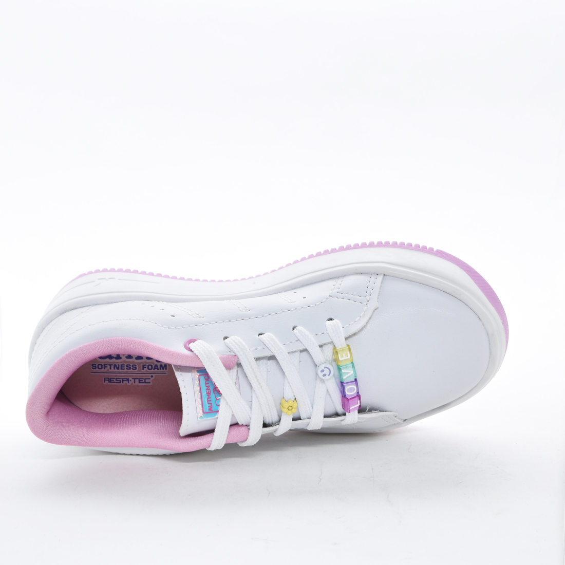 Tênis Kidy Tecnologia Respi-Tec Detalhe Costura Cadarço Missangas Emoji Solado Tratorado Branco
