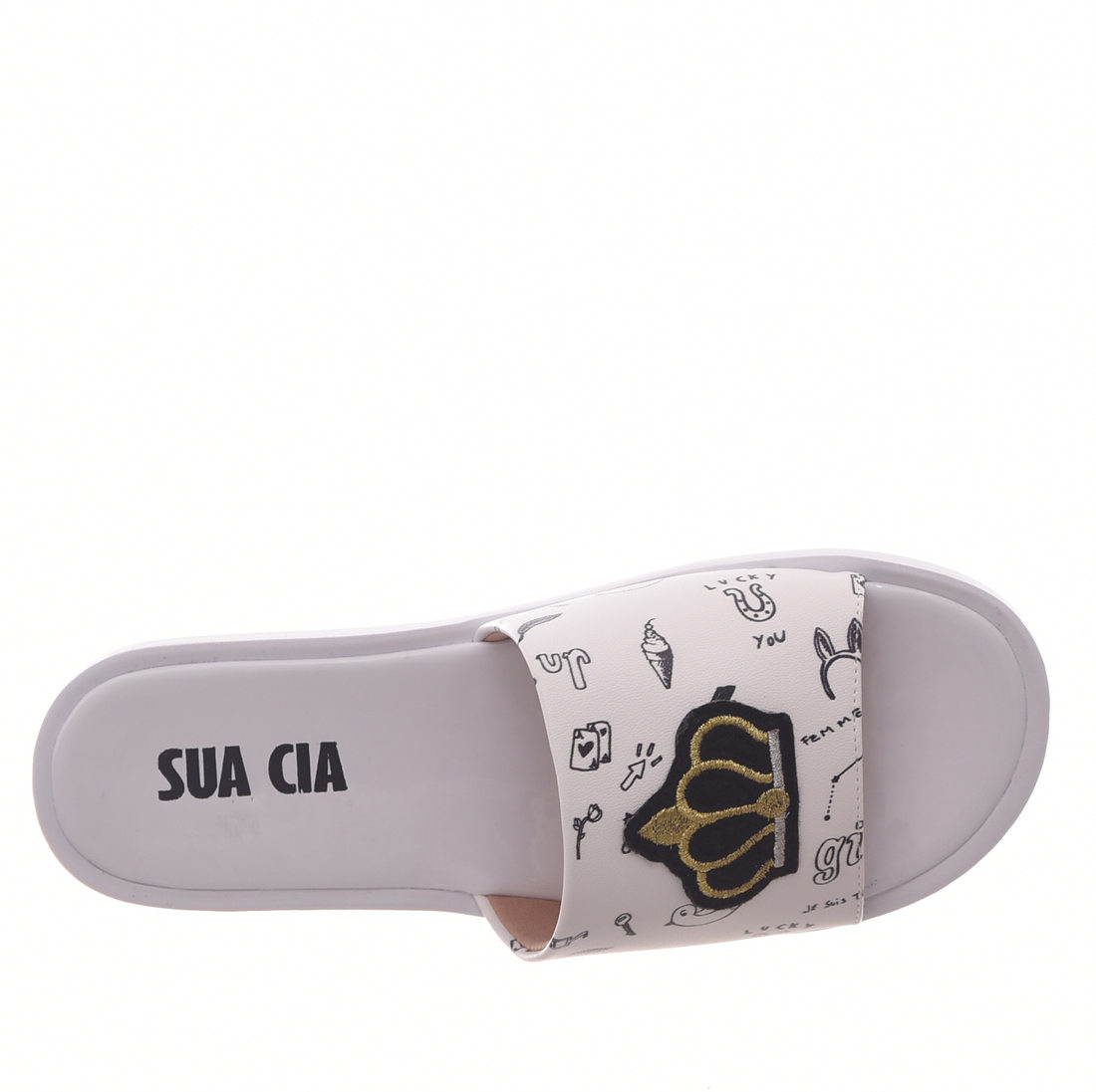 Chinelo Slide Sua Cia Estampado Aplicação Coroa Branco e Preta