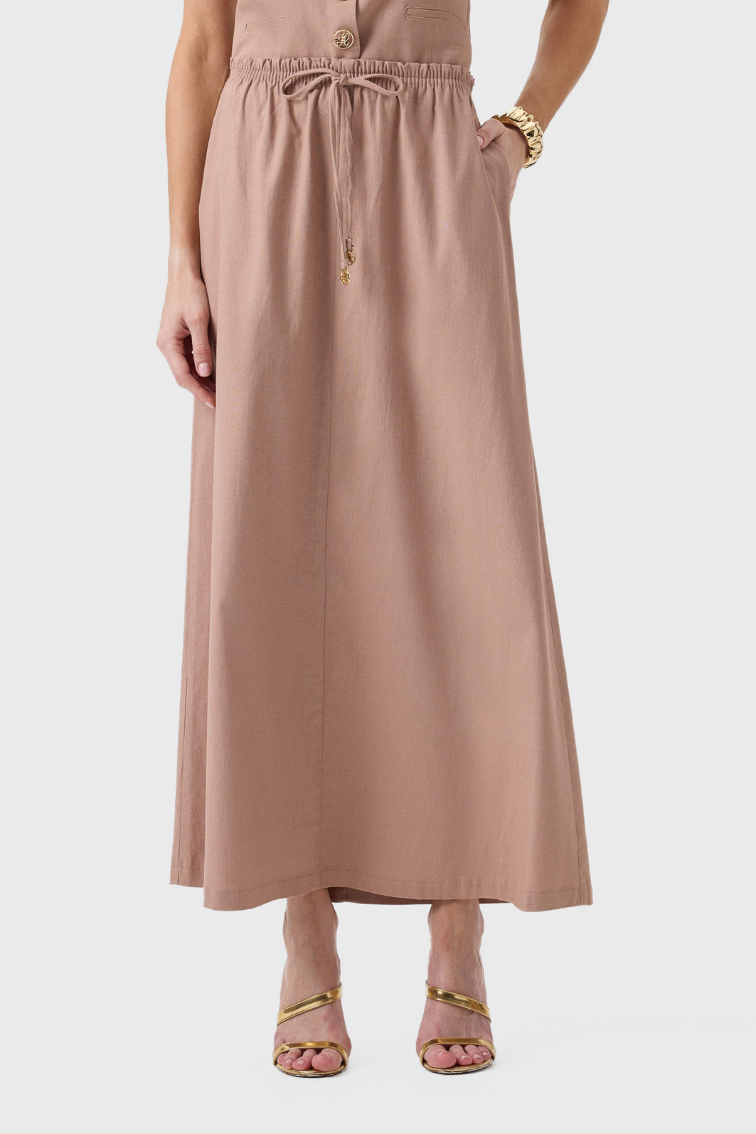 Saia Midi Flor de Lis Viscose Linho Cós Elástico Lisa Bolso Embutido Rosé