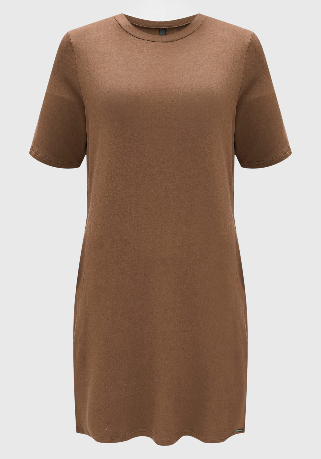 Vestido Curto Lunender Viscose Elastano Manga Curta Liso com Bolso Marrom Vestido Curto Lunender Viscose Elastano Manga Curta Liso com Bolso Marrom