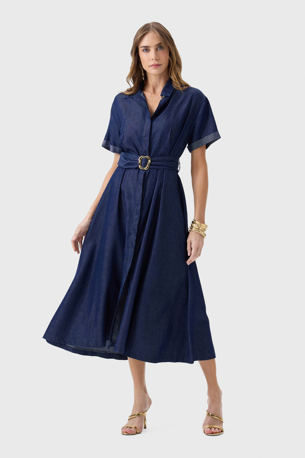 Vestido Midi Flor de Lis Algodão Liocel Gola Colarinho Manga Curta Dobrada Liso Acompanha Cinto Faix