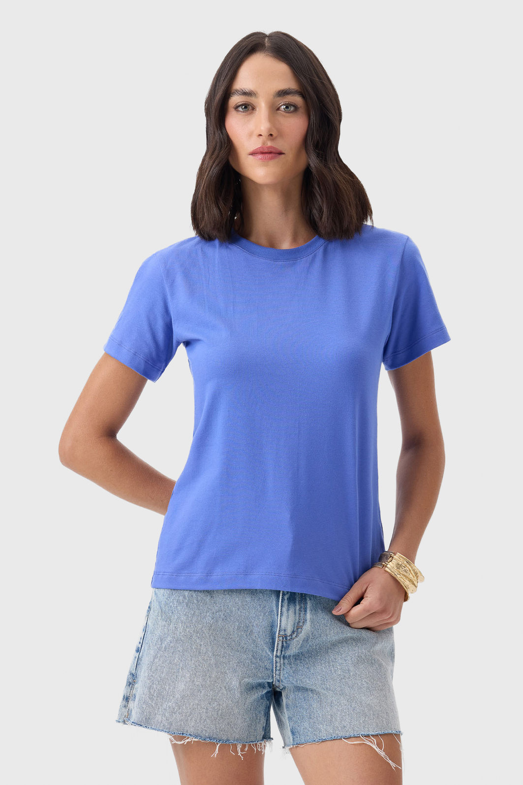 Blusa Flor de Lis Algodão Elastano Manga Curta Básica Azul