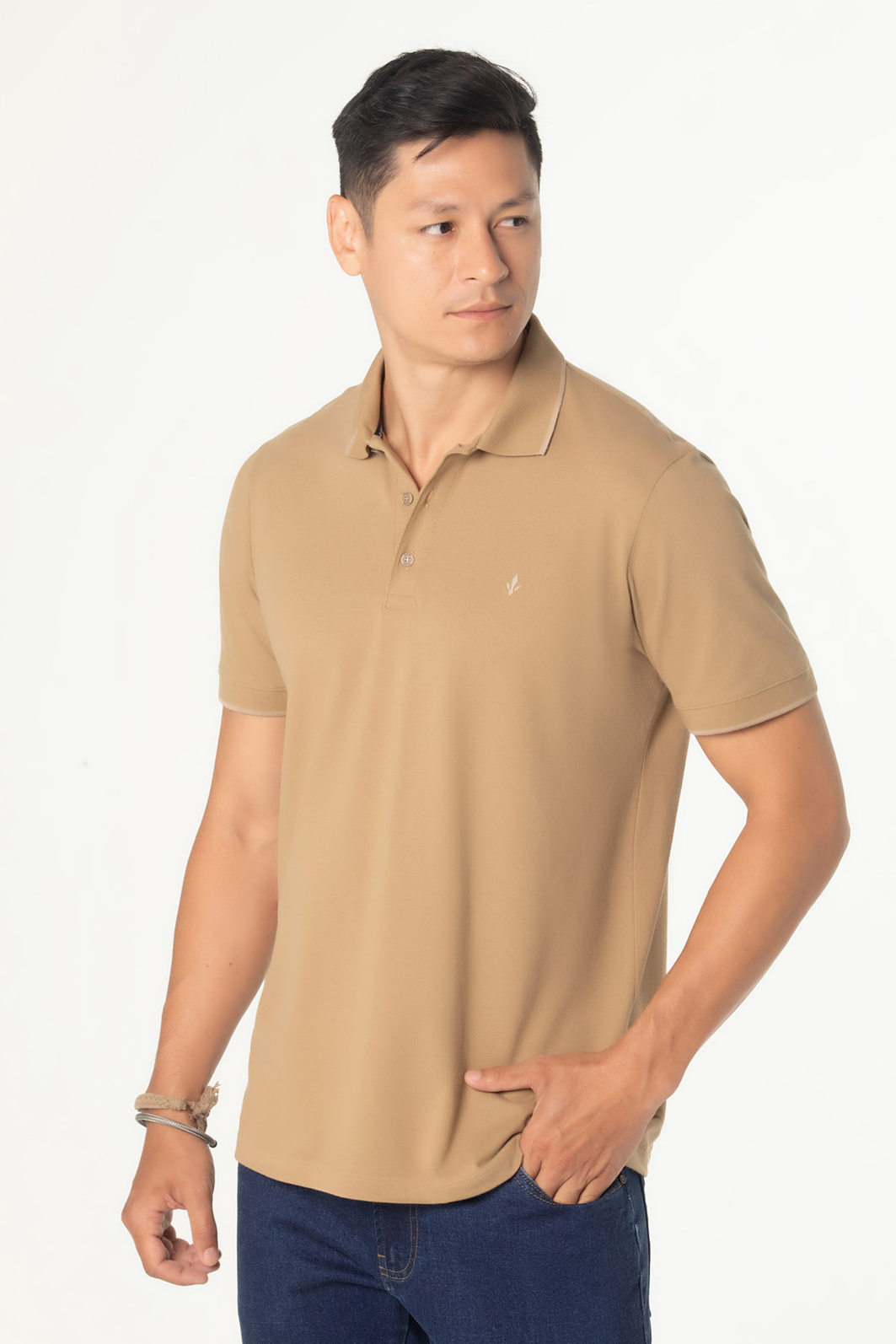 Camisa Polo Dlz Algodão Gola Colarinho Manga Curta Lisa Aplicação Bordado Logo Bege