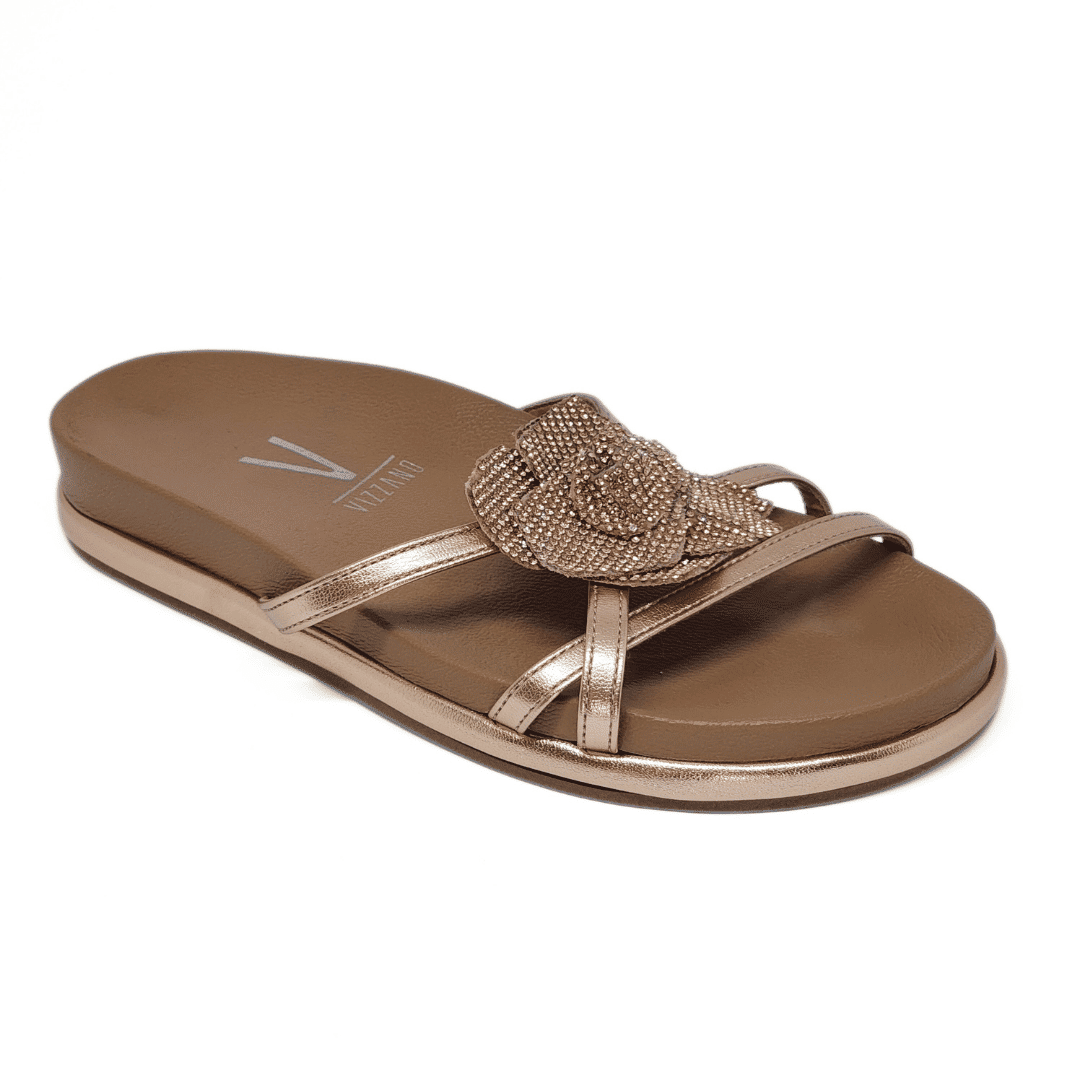 Rasteira Papete Vizzano Cabedal Tiras Metalizada Transpassada Aplicação Flor Strass Rosé Rasteira Papete Vizzano Cabedal Tiras Metalizada Transpassada Aplicação Flor Strass Rosé