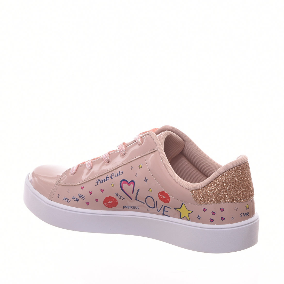 Tênis Pink Cats Estampado Detalhe Glitter Cadarço Furta Cor Verniz Rosê