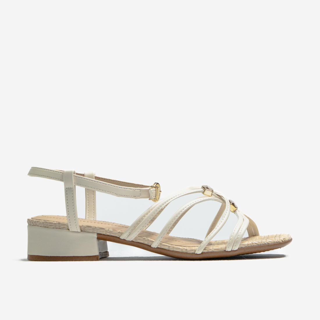 Sandália Ramarim Bico Quadrado Tiras Vazada Aplicação Metal Palmilha Tressê Fechamento Fivela Salto Sandália Ramarim Bico Quadrado Tiras Vazada Aplicação Metal Palmilha Tressê Fechamento Fivela Salto