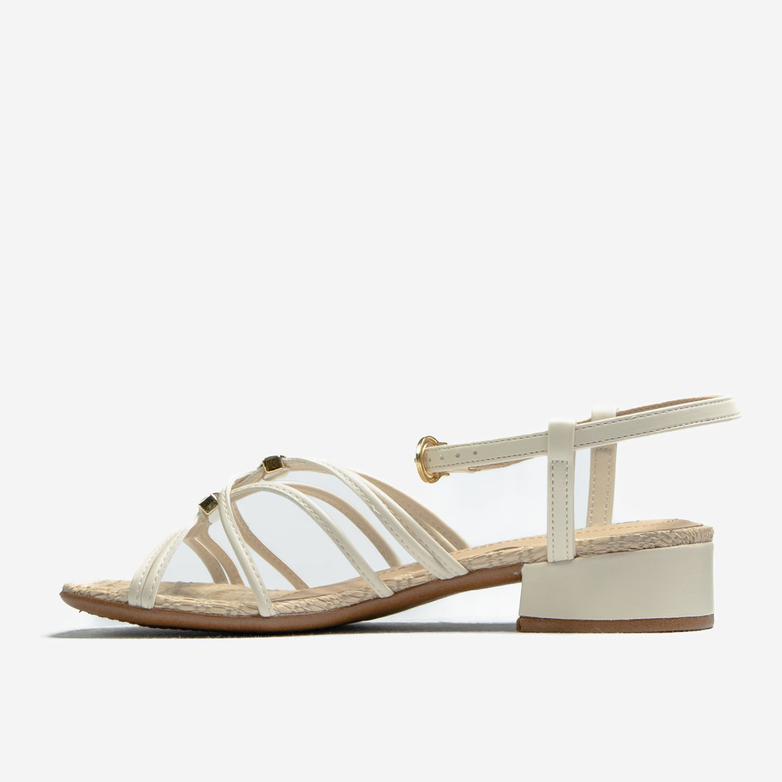 Sandália Ramarim Bico Quadrado Tiras Vazada Aplicação Metal Palmilha Tressê Fechamento Fivela Salto Sandália Ramarim Bico Quadrado Tiras Vazada Aplicação Metal Palmilha Tressê Fechamento Fivela Salto