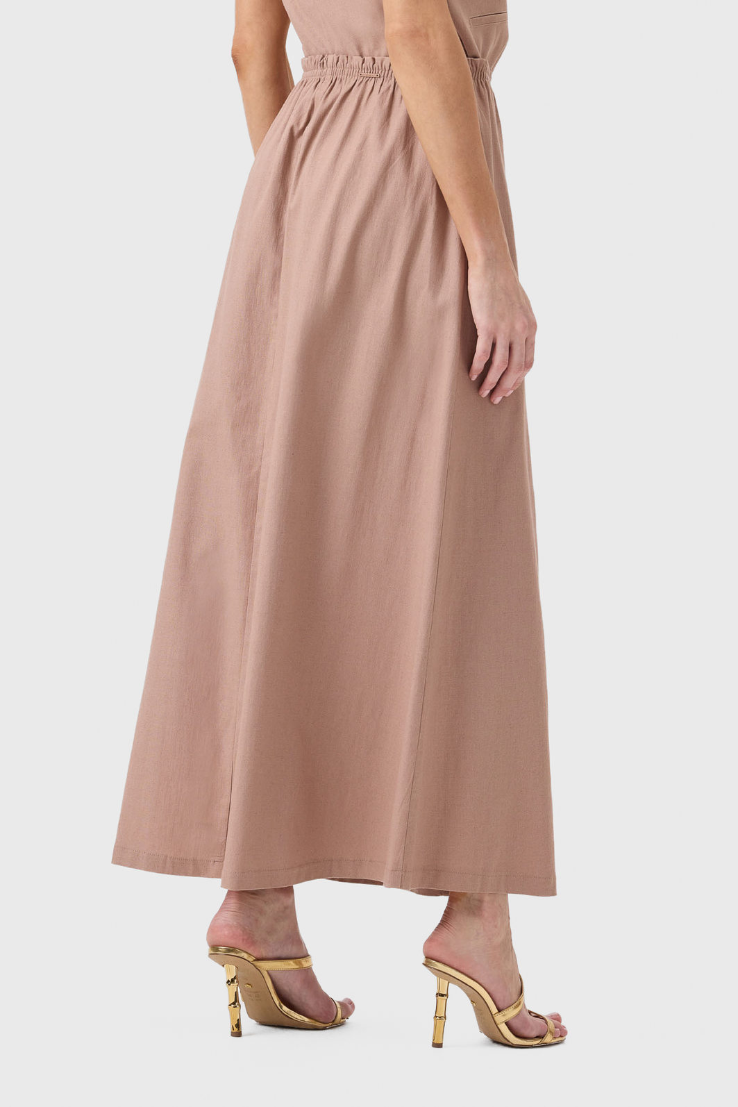 Saia Midi Flor de Lis Viscose Linho Cós Elástico Lisa Bolso Embutido Rosé