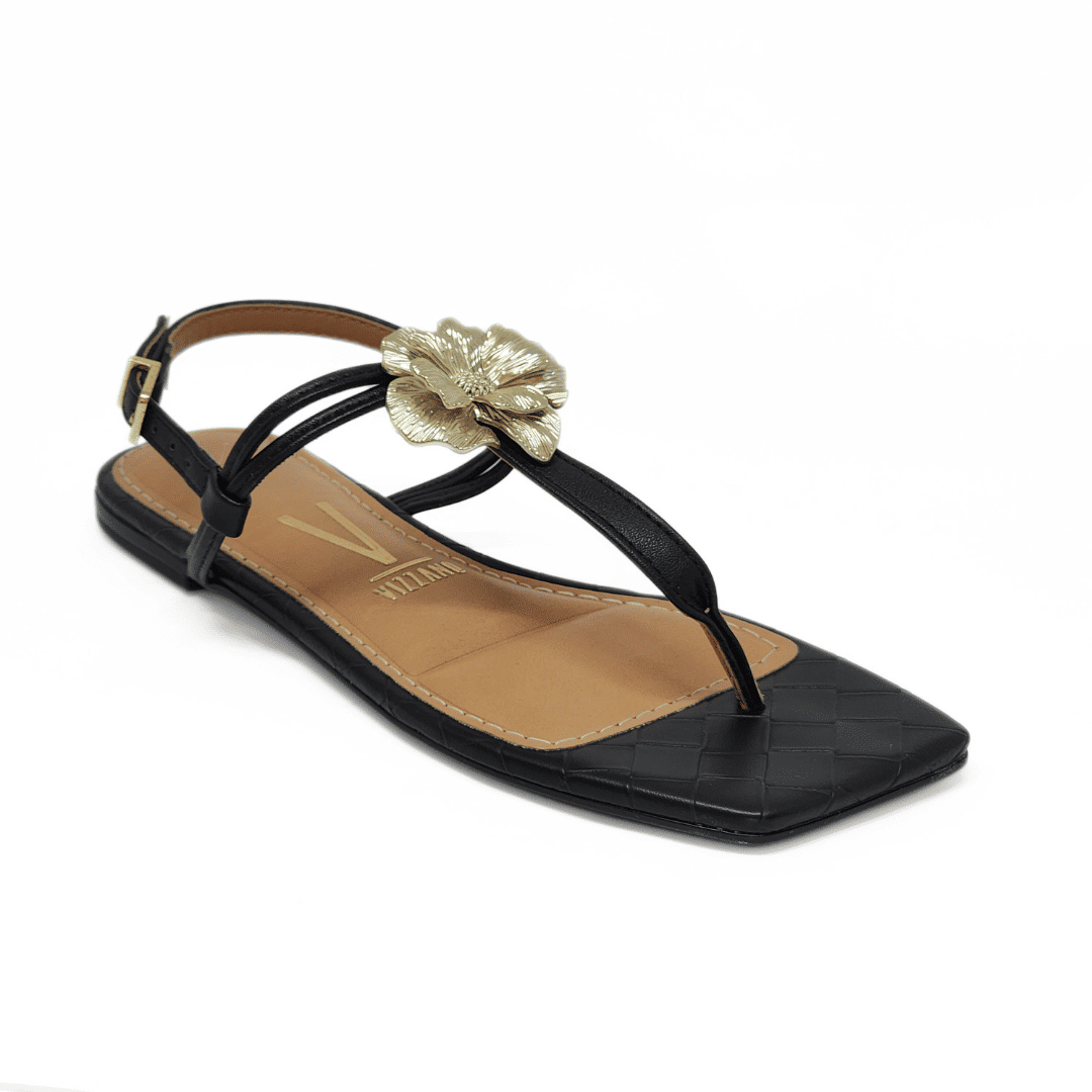 Sandália Vizzano Bico Quadrado Cabedal Aplicação Flor Metalizada Palmilha Croco Preto Sandália Vizzano Bico Quadrado Cabedal Aplicação Flor Metalizada Palmilha Croco Preto