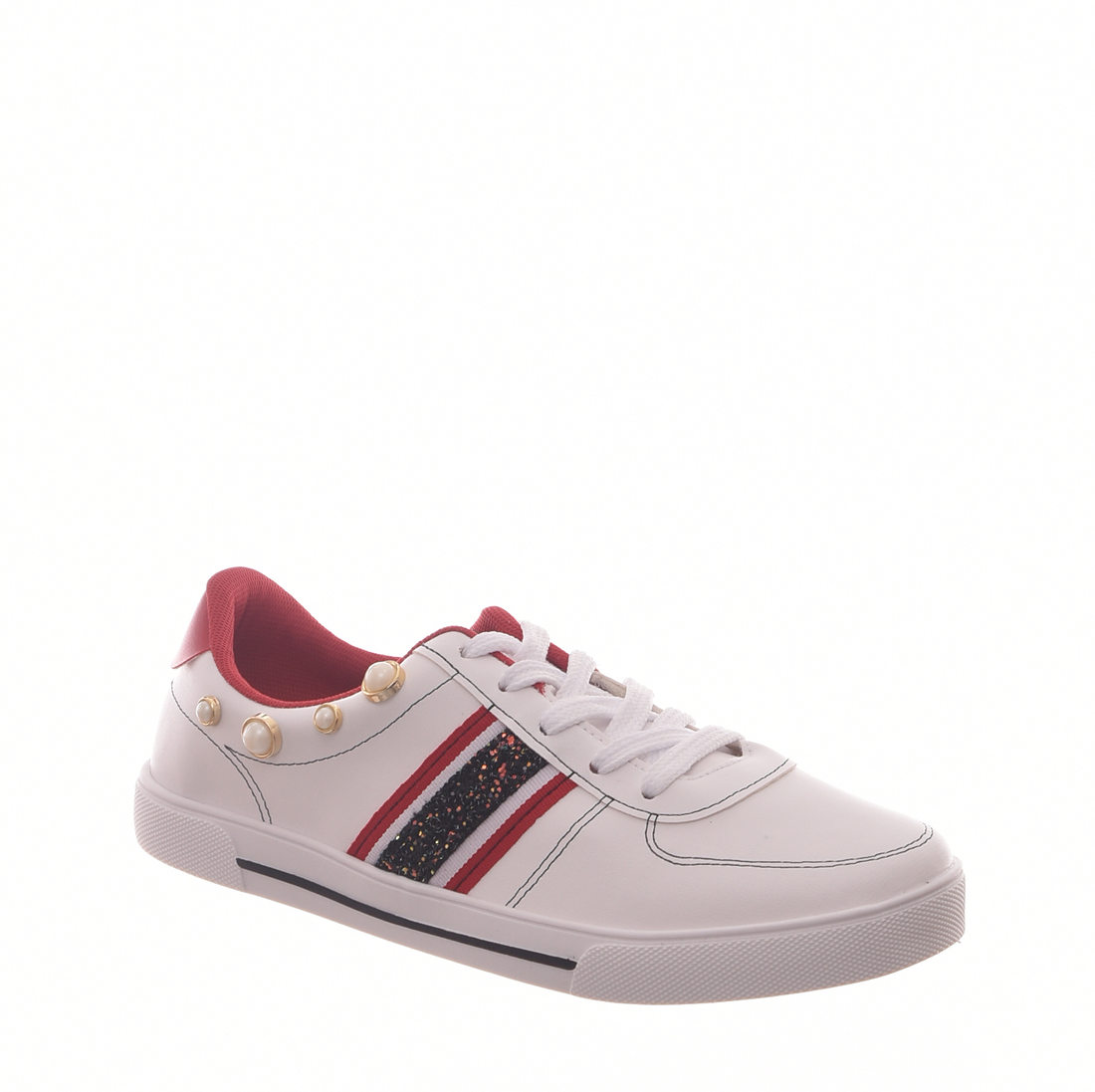 Tênis Moleca Listra Lateral Aplicação Glitter e Pérola Branco e Vermelho Tênis Moleca Listra Lateral Aplicação Glitter e Pérola Branco e Vermelho