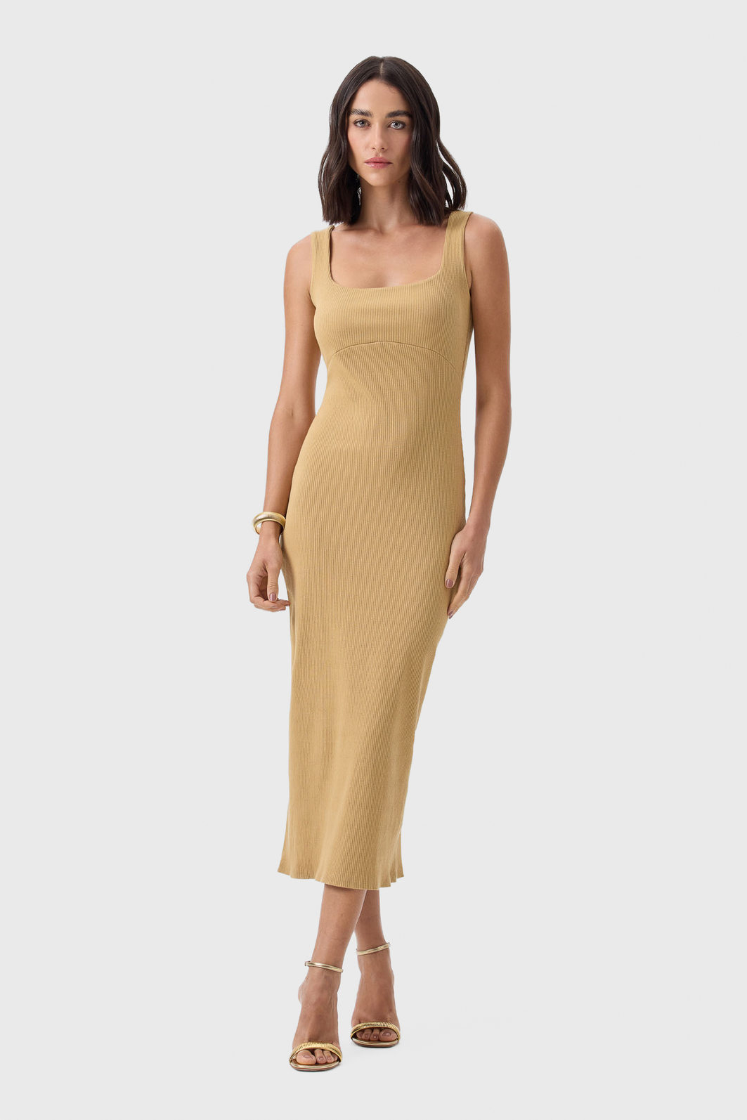 Vestido Midi Flor de Lis Algodão Elastano Malha Canelada Alça Larga Liso Bege