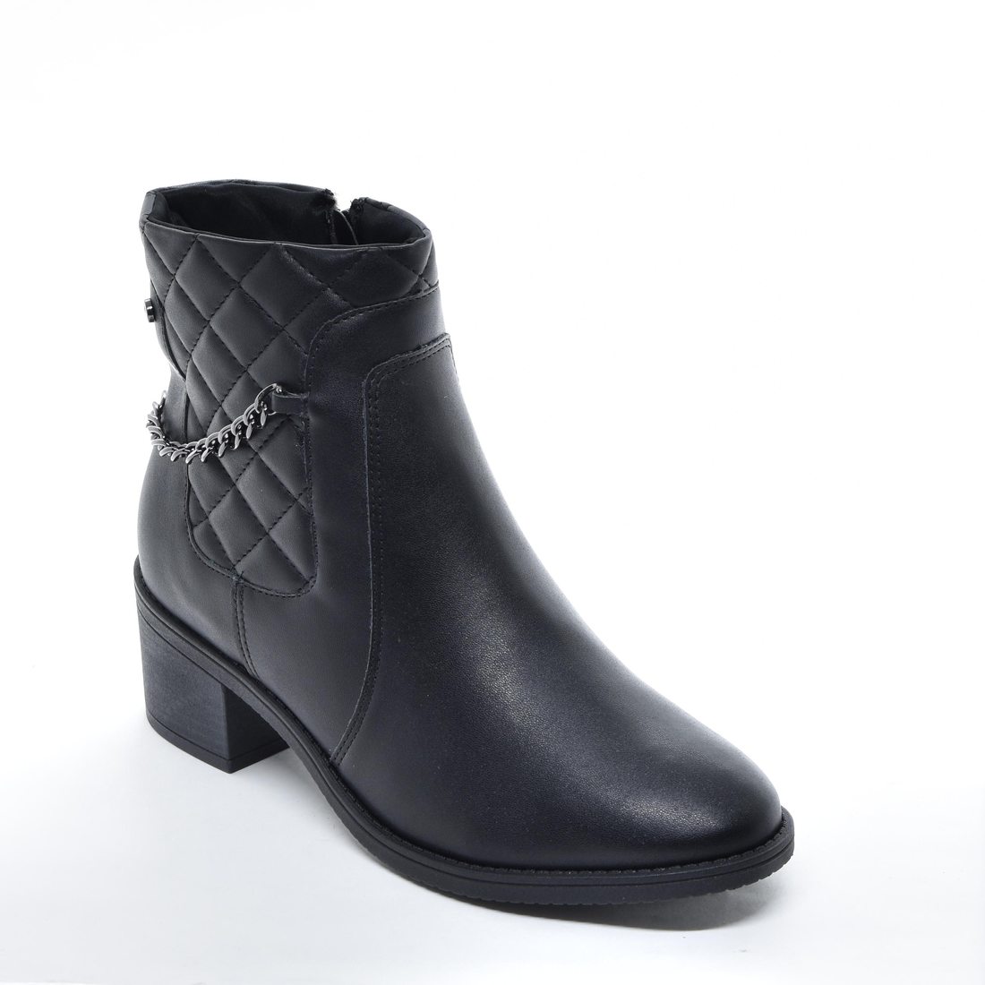 Bota Ramarim Cano Médio Lisa com Recortes Lateral Matelassê Detalhe Corrente Fechamento Zíper Salto 