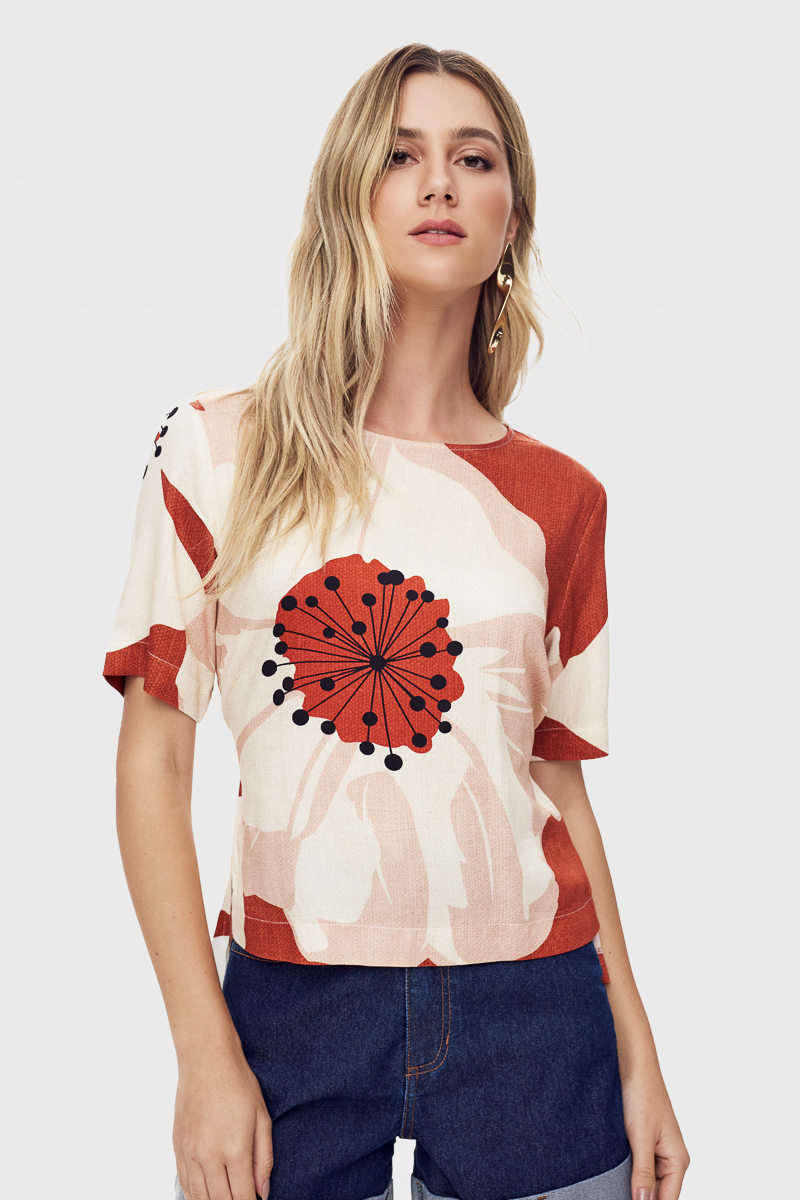 Blusa Flor de Lis Viscose Manga Curta Estampa Flor com Amarração Bege